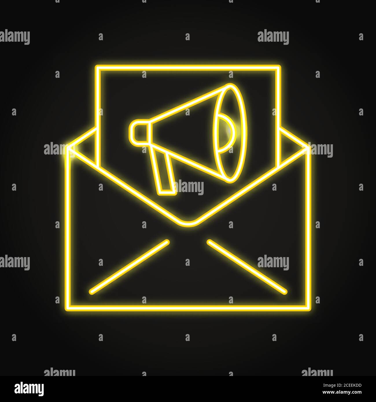 E-mail marketing icona in stile neon line. Posta con simbolo di megafono. Promozione di contenuti e pubblicità. Illustrazione vettoriale. Illustrazione Vettoriale