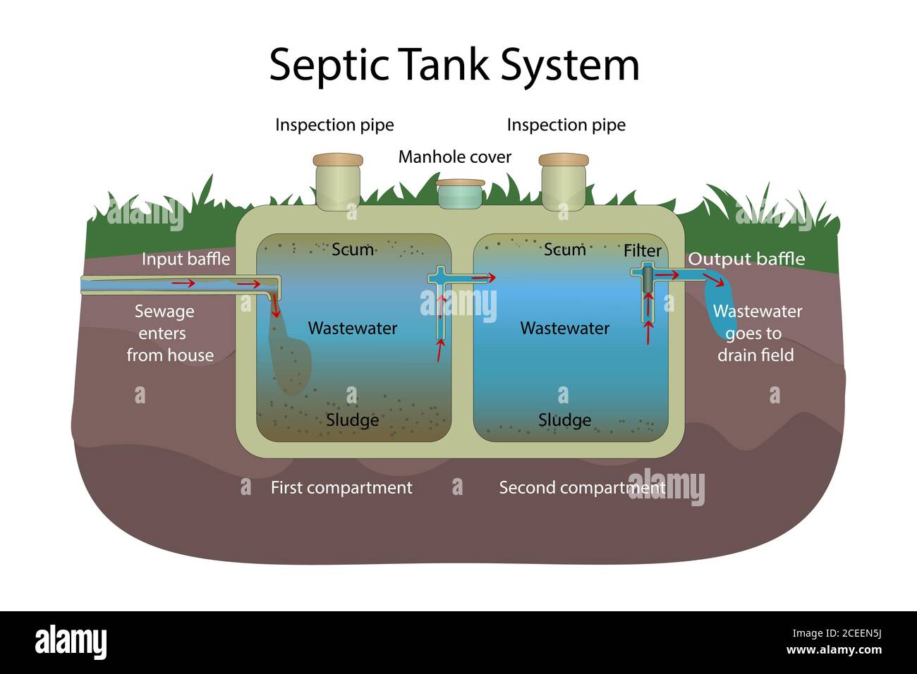 Sistema con serbatoio settico. BIO settic Tank.schema domestico del sistema fognario.Simple locale impianto fognario. Trattamento delle acque reflue. Illustrazione vettoriale delle scorte Illustrazione Vettoriale