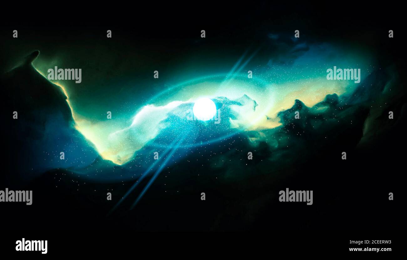 La teoria di Big Bang, descrive come l'universo si espanse da uno stato iniziale di densità estremamente alta e temperatura elevata. Elementi luminosi, cosmici Foto Stock