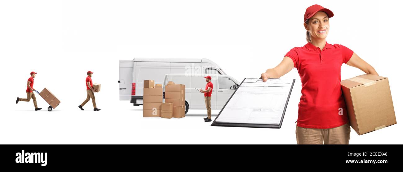 Consegna donna con un documento e una clipboard e lavoratori scatole di carico in furgoni di trasporto isolate su sfondo bianco Foto Stock