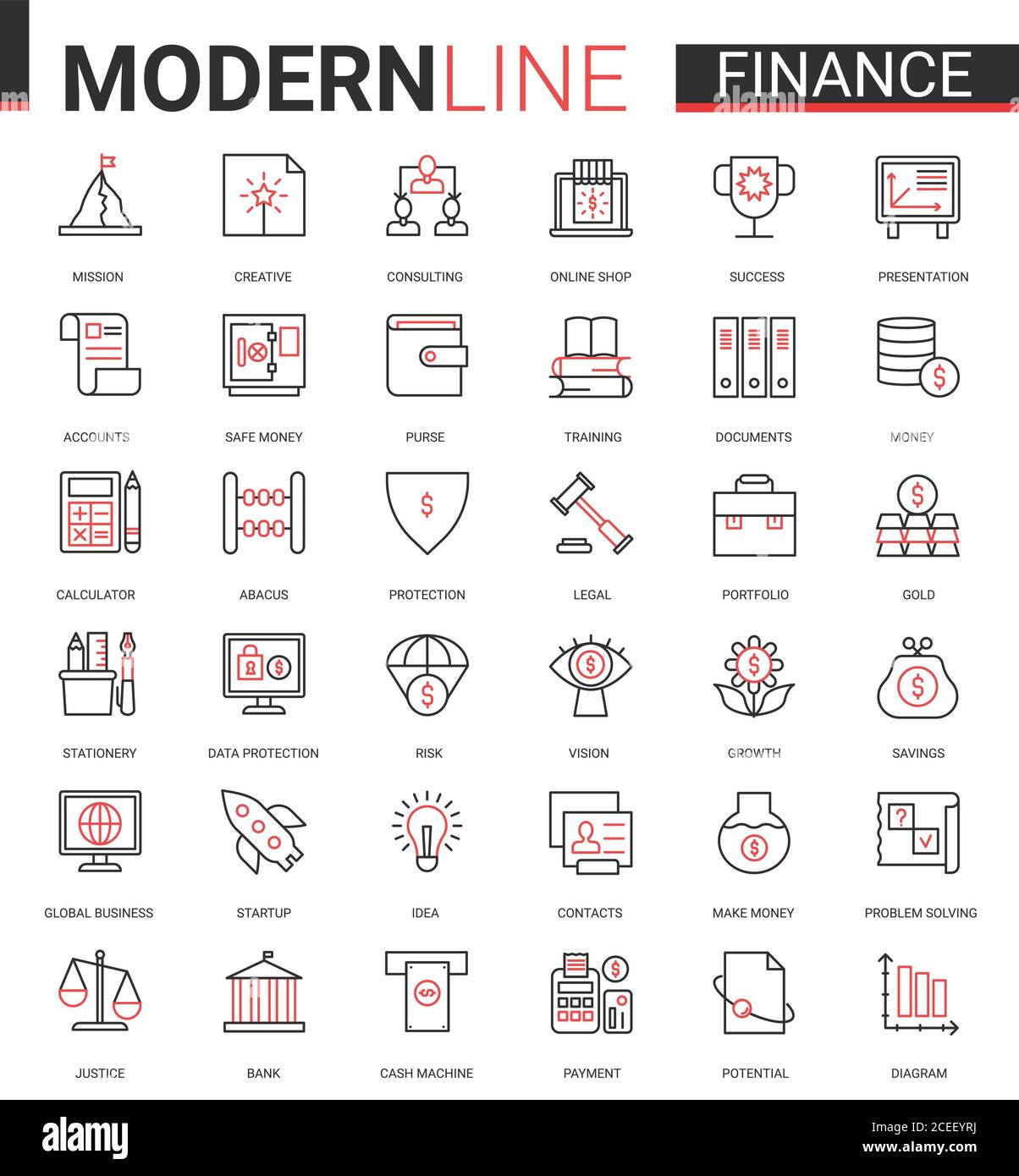 Finanza piatto sottile rosso nero linea icona vettore illustrazione insieme con contorno business finanziario simboli raccolta di commercio analisi tecnologia, dati economici consulenza e analisi conto bancario. Illustrazione Vettoriale