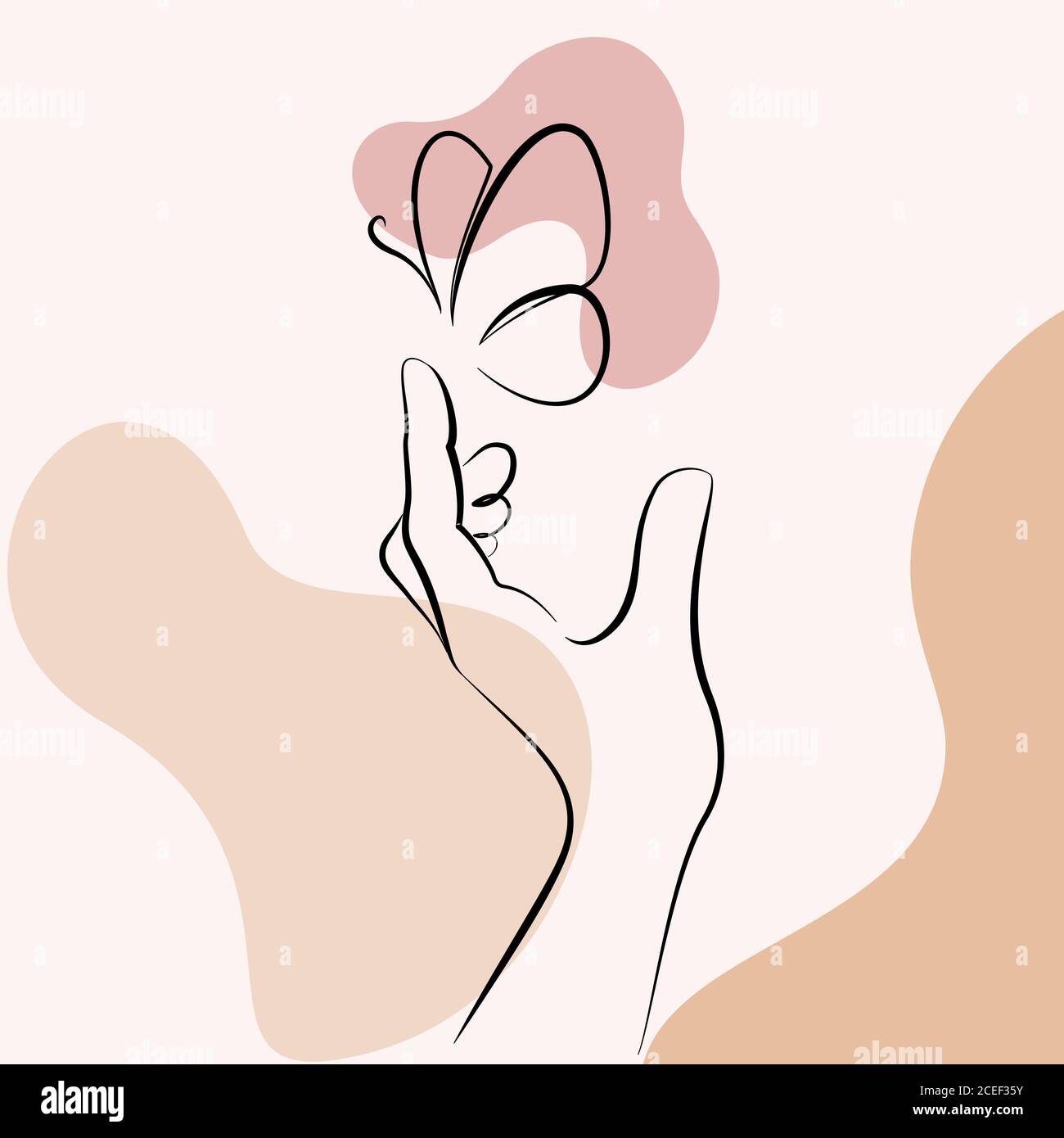 Mano con farfalla sul dito. Stile di disegno lineare con spessore diverso. Schizzo lineare nero isolato su sfondo a colori. Illustrazione vettoriale Illustrazione Vettoriale