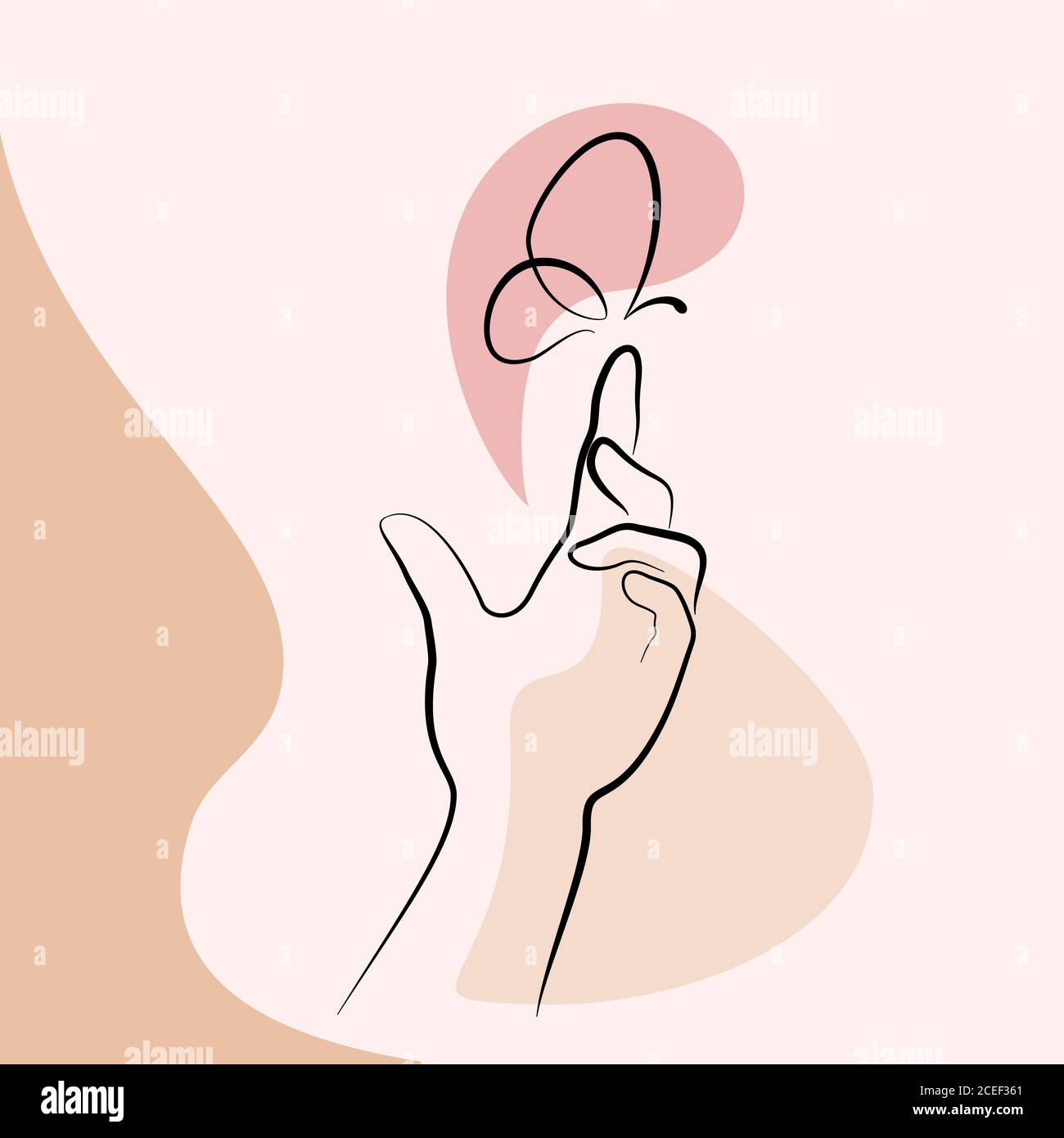 Mano con farfalla sul dito. Stile di disegno lineare con spessore diverso. Schizzo lineare nero isolato su sfondo a colori. Illustrazione vettoriale Illustrazione Vettoriale
