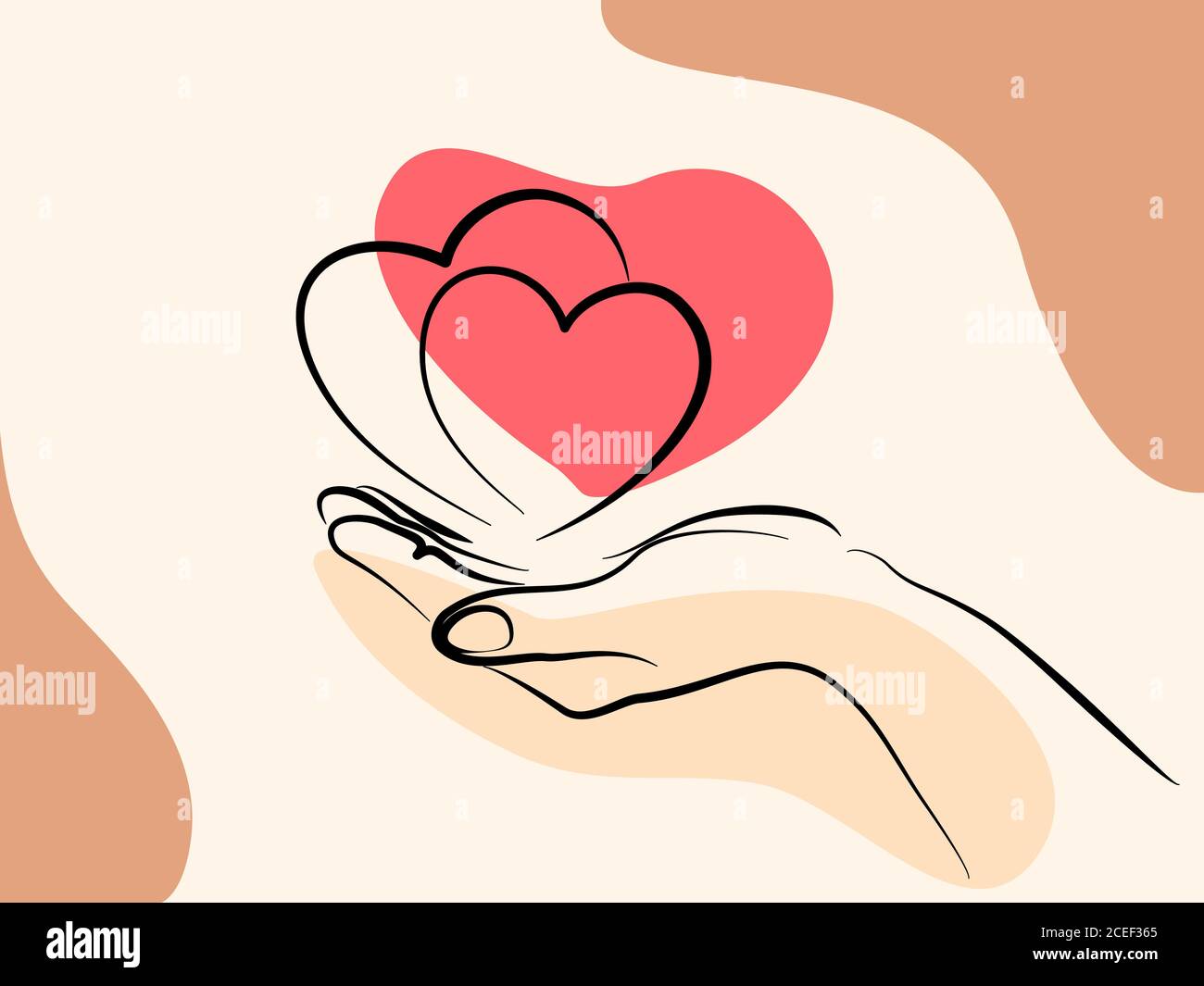 Segno cardiaco con la mano. Stile di disegno lineare con spessore diverso. Schizzo lineare nero isolato su sfondo a colori. Illustrazione vettoriale Illustrazione Vettoriale