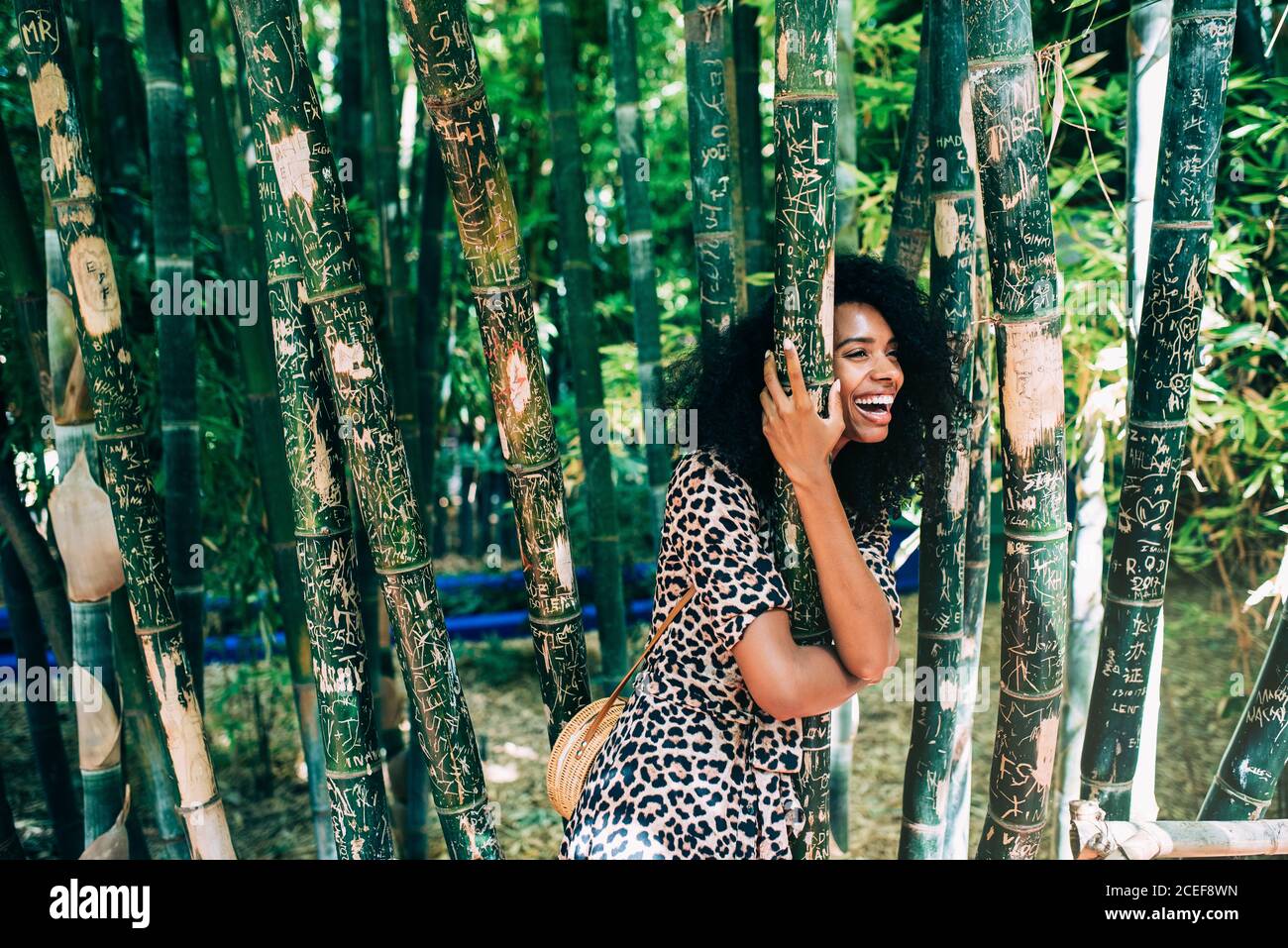 Donna allegra in bel giardino godendo il momento Foto Stock