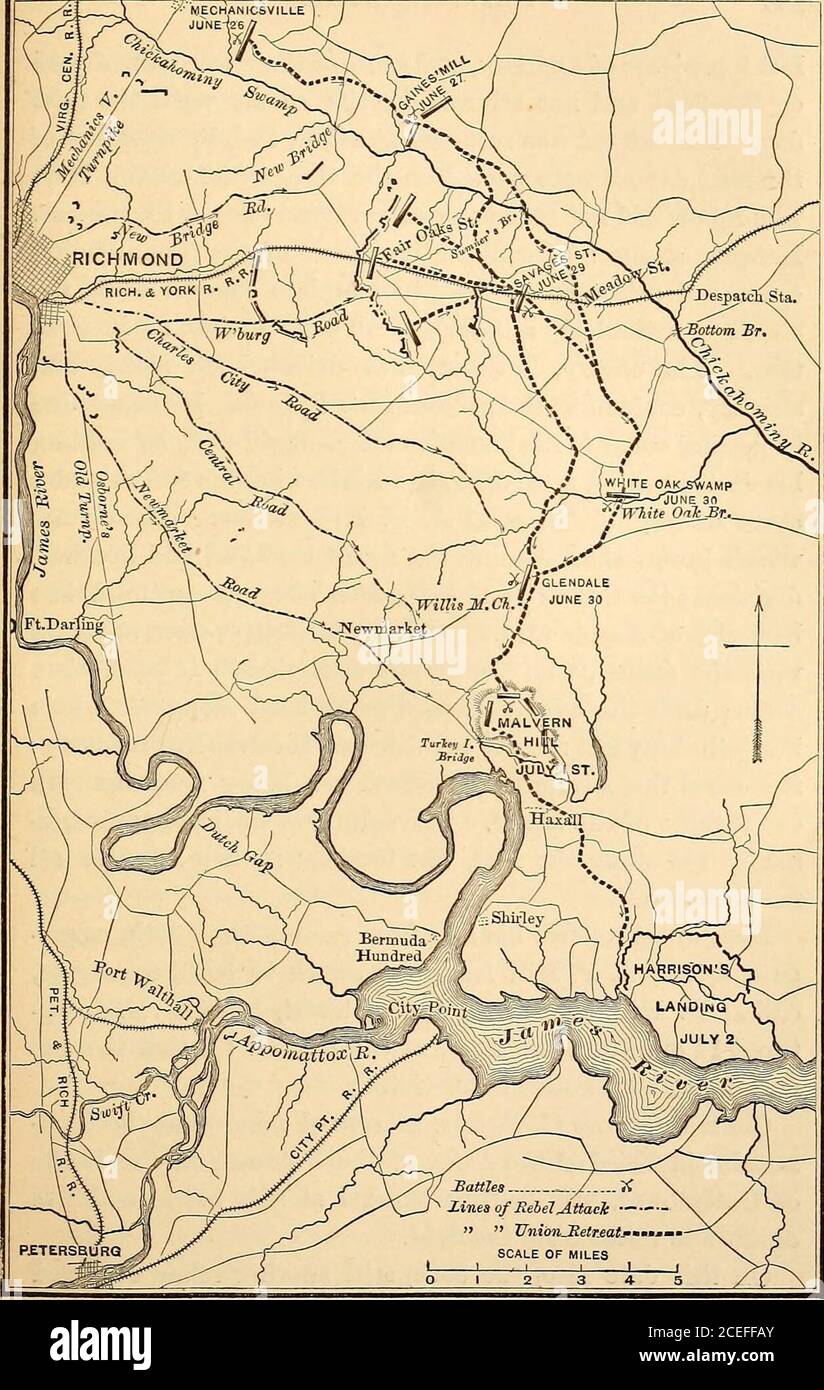 . La Penisola : la campagna di McClellan del 1862. Raggiunse la sede alle 1.30 del mattino, e subito dopo la luce del giorno le sue divisioni erano in posizione sulla collina di Malvern. Il generale Sumner ricevette informazioni che il GeneralFranklin si era ritirato e che il generale Heintzelman si era arenato a farlo, alle 21 di sera, è tornato con riluttanza. Hesaped aveva vinto una vittoria e non volle lasciare il campo. Lo scopo dei ribelli in questo attacco alla colonna di ritiro era di tagliarla in due al crocevia di Charles City e guadagnare il possesso della strada Quaker. Se il tentativo avesse avuto successo, o se fossero stati in grado di detenere Foto Stock
