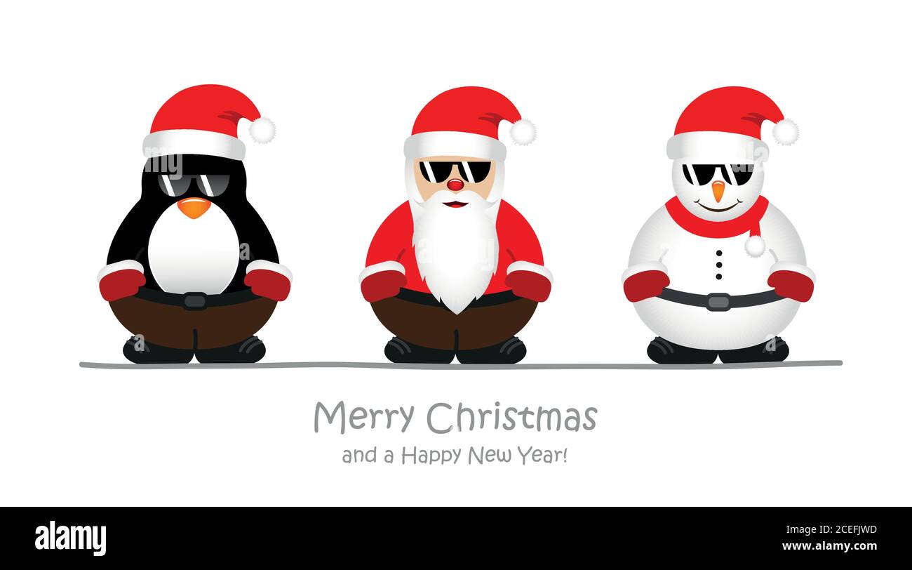 Pupazzo di neve fresca santa e penguin cartoon con occhiali da sole illustrazione vettoriale EPS10 Illustrazione Vettoriale