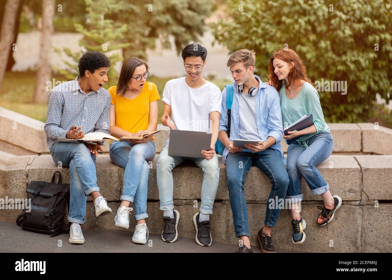 Gruppo di studenti che imparano insieme utilizzando il laptop seduto all'aperto Foto Stock