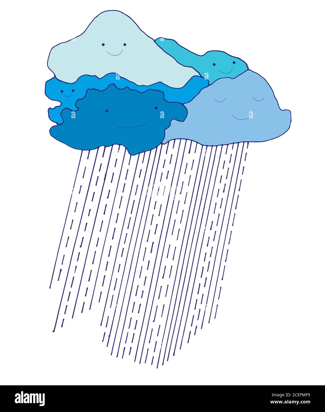 Fumetto colorato divertente cielo blu con gocce di pioggia, stile doodle. Illustrazione Vettoriale