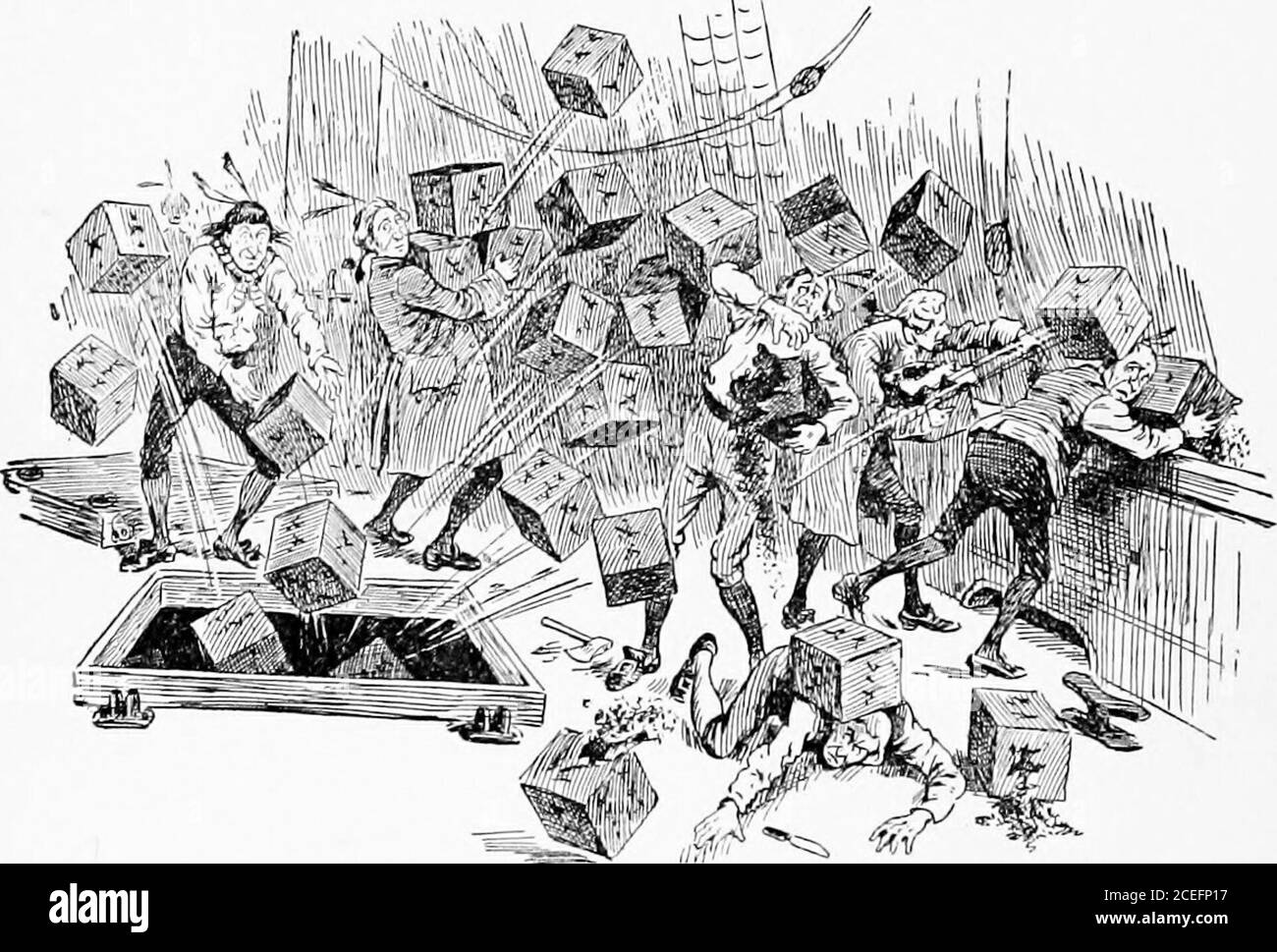 . La storia degli Stati Uniti di Bill Nye: Lo storico si raventa del fatto che non era lì; avrebbe triedto essere la vita del partito. L'Inghilterra aveva finalmente così organizzato il prezzo del tè che, compresa la tassa, era più conveniente inAmerica che nel vecchio paese. Questo esas-perato i patrioti, che hanno sostenuto che hanno werefronted da una teoria e non da una condizione. AtCharleston questo tè è stato conservato in cantine umide, dove si è guastato. New York e Philadelphiareared girarono le loro navi, ma gli inglesi notificherebbero qualsiasi shenanegin, come George III lo chiamò così, a Boston. Quindi un grande partito si è riunito a fa Foto Stock