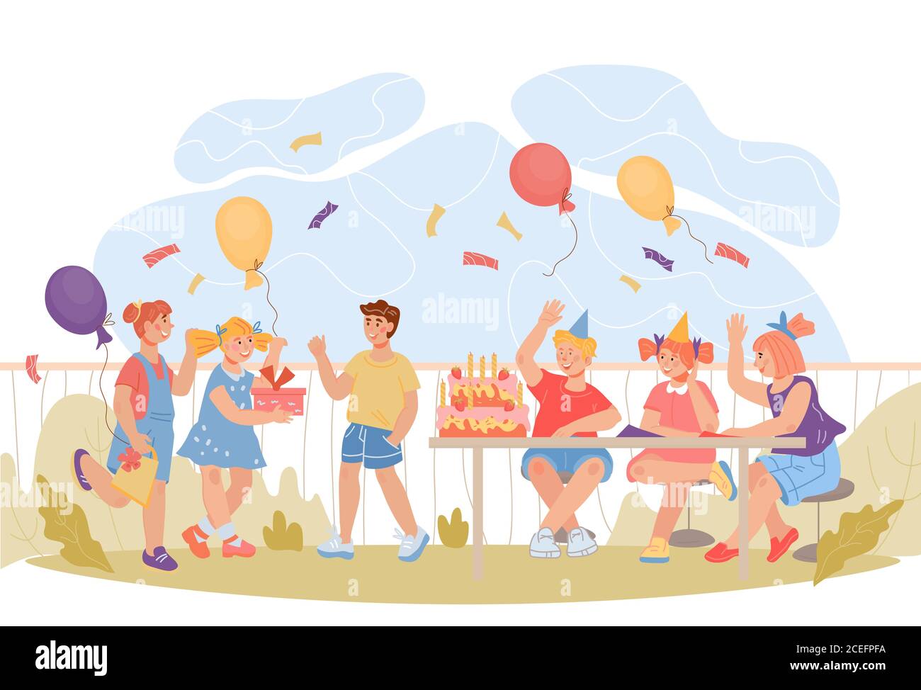 Estate bambini compleanno cortile partito scena piatta vettore illustrazione isolato. Illustrazione Vettoriale