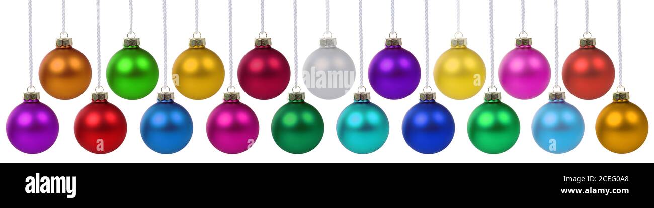 Palle di Natale baubles decorazione banner appeso isolato su un bianco sfondo Foto Stock