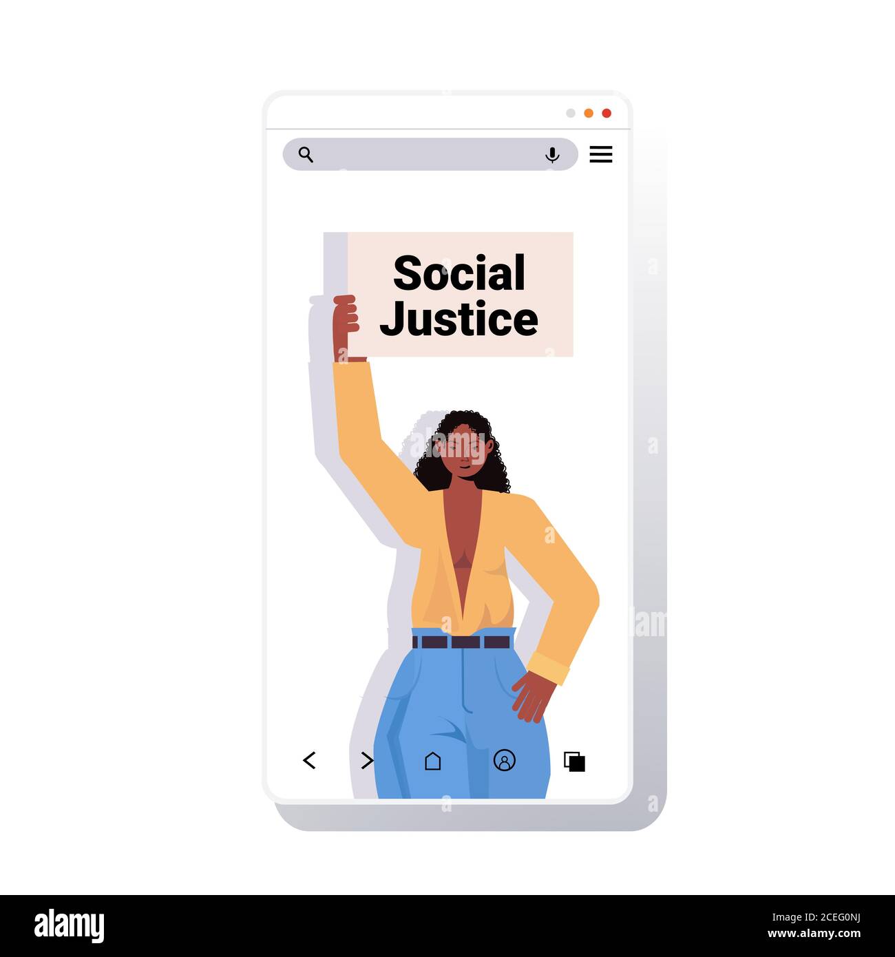 afroamericana attivista donna in possesso di placard razza uguaglianza giustizia sociale stop discrimination concept smartphone schermo copia spazio verticale illustrazione vettoriale Illustrazione Vettoriale