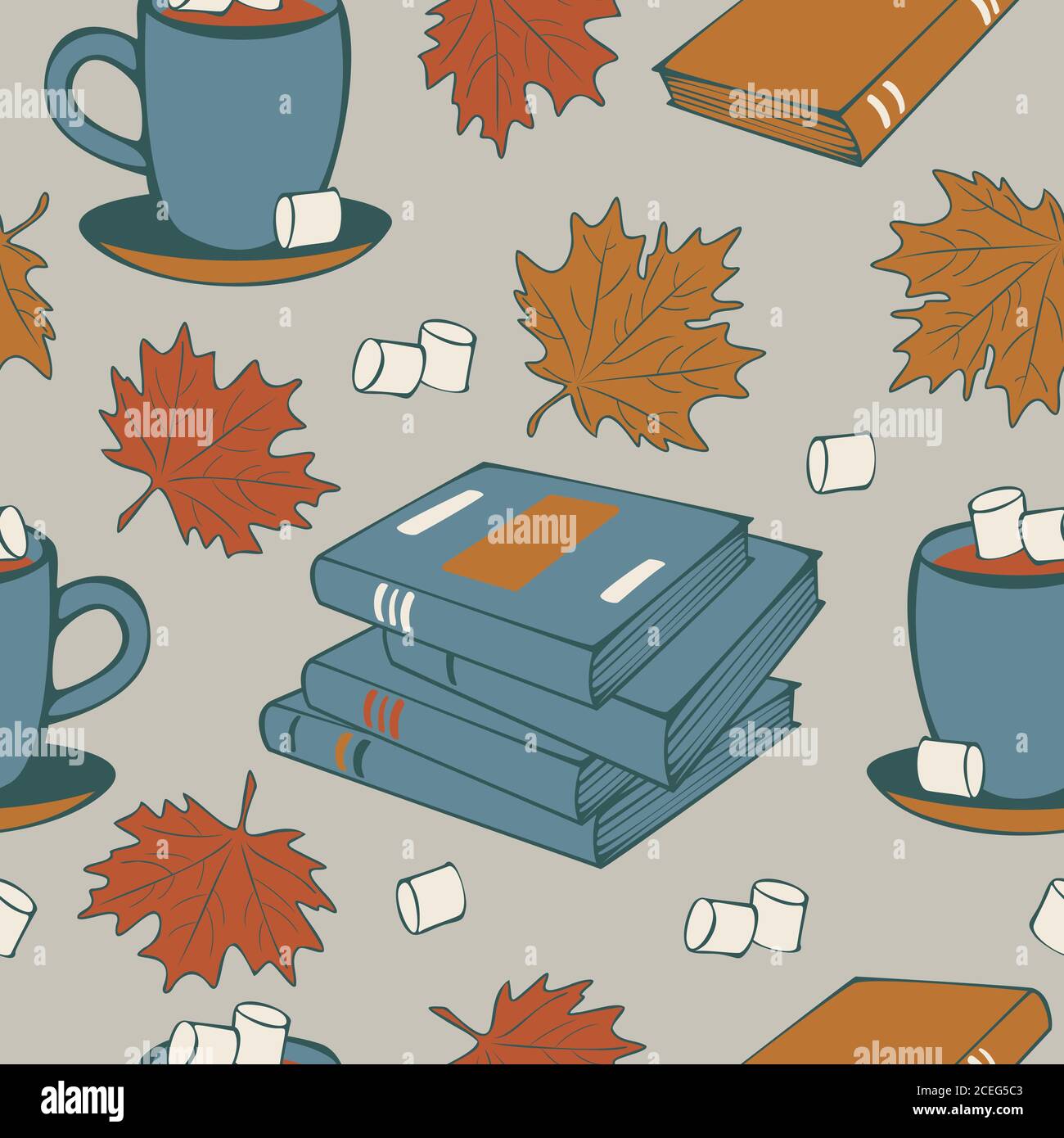 Disegno senza cuciture di libri, foglie d'acero autunnale, tazze con cacao e marshmallow. Motivo senza giunture vettoriale a tema autunnale. Atmosfera accogliente. Illustrazione Vettoriale