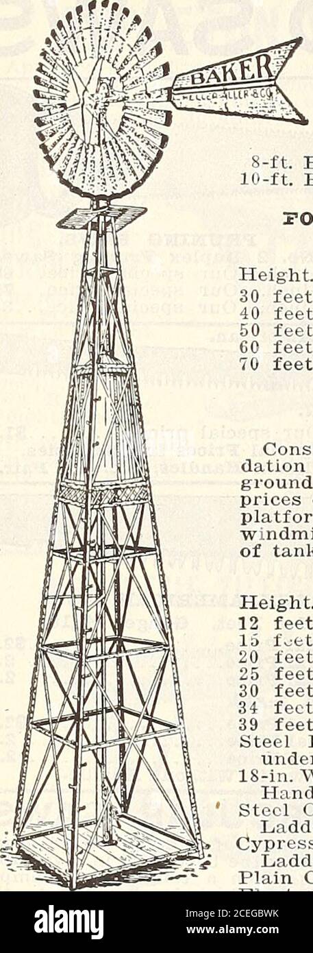 . 1916 Griffith e Turner Co. : forniture per aziende agricole e giardini. Tutti i PREZZI SONO SOGGETTI A MODIFICA SENZA PREAVVISO. 190^ GRIFFITH ®, TURNBR^o ^ MULINI A VENTO E TORRI BAKER ■i mulini a vento e le torri sono piuttosto brulicanti. La mancanza di spazio non li descrive qui, ma saremo lieti di inviare un catalogo descrittivo a chiunque contempli l'acquisto di un mulino a vento. Se state andando comprare un mulino a vento, be.Sure comprare L'EAICER. Piedi, piedi, piedi. -30 m Mulino a vento Baker 10-ft. Lista dei Mulini a vento di Baker, 44.00 dollari. , . . Elenco, 59.40. Il nostro prezzo, il nostro prezzo, 27.50.37.50 dollari. Elenco. 30 piedi 41.50 Fo Foto Stock
