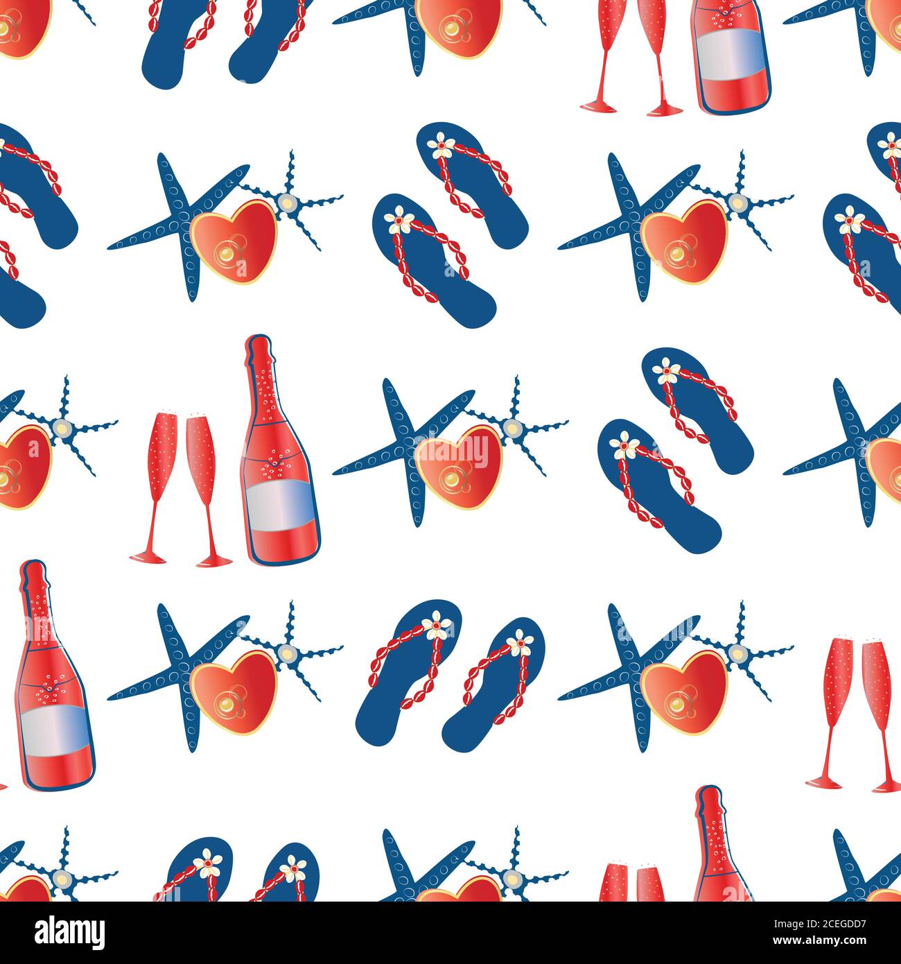 Champagne, flip flop scarpe sfondo vettoriale senza cuciture. Rosso, blu sfondo bianco di bottiglie, bicchieri, cuori, stelle marine, sandali. Ripetizione divertente per Illustrazione Vettoriale