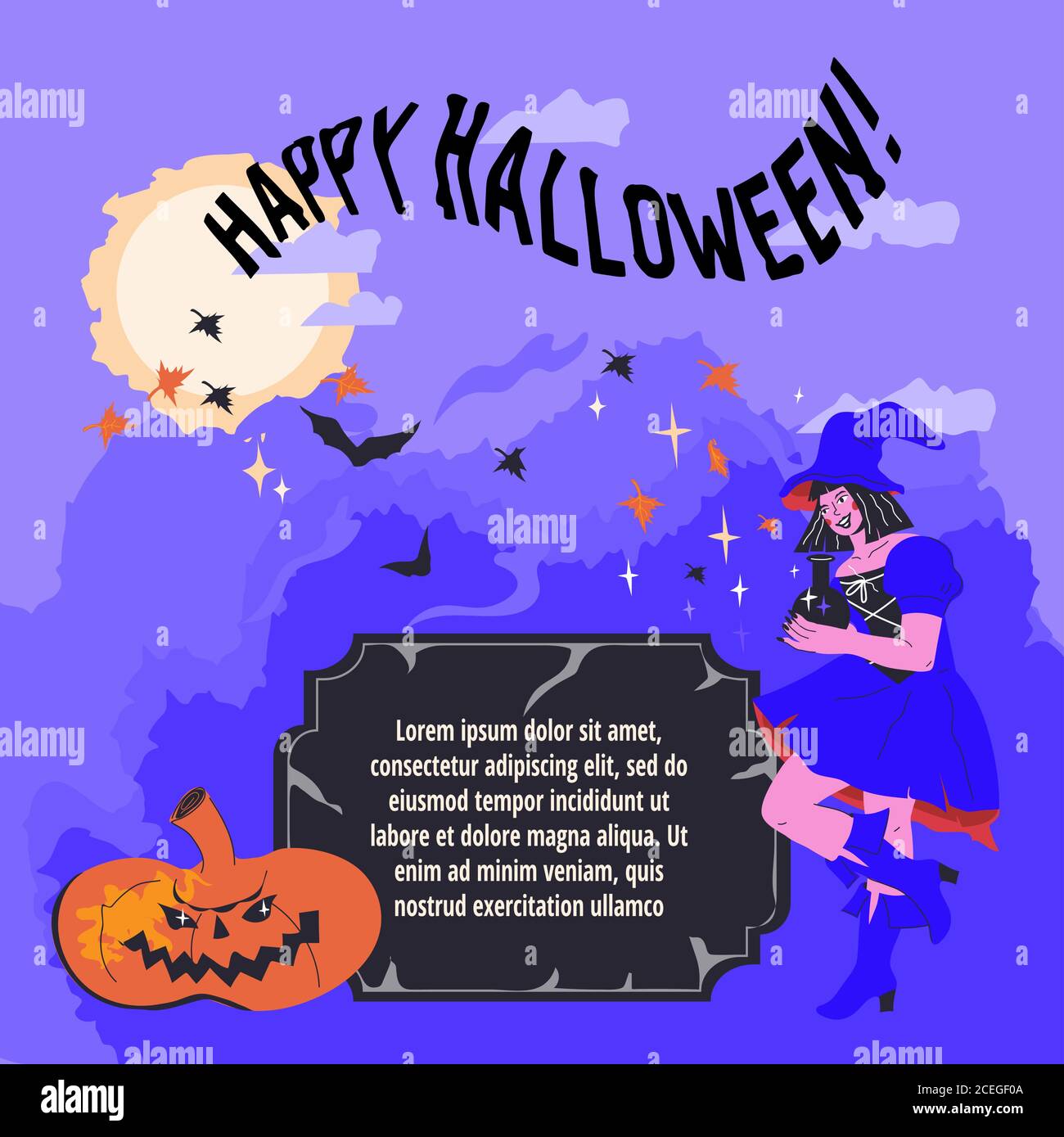 Banner o invito di Halloween con illustrazione vettoriale di strega e zucca. Illustrazione Vettoriale