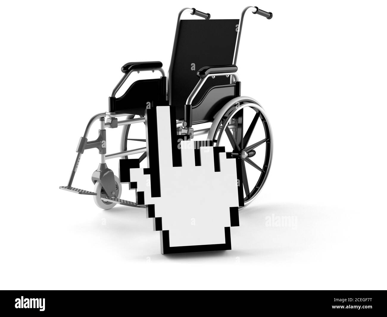 Sedia a rotelle con simbolo Internet isolato su sfondo bianco Foto Stock