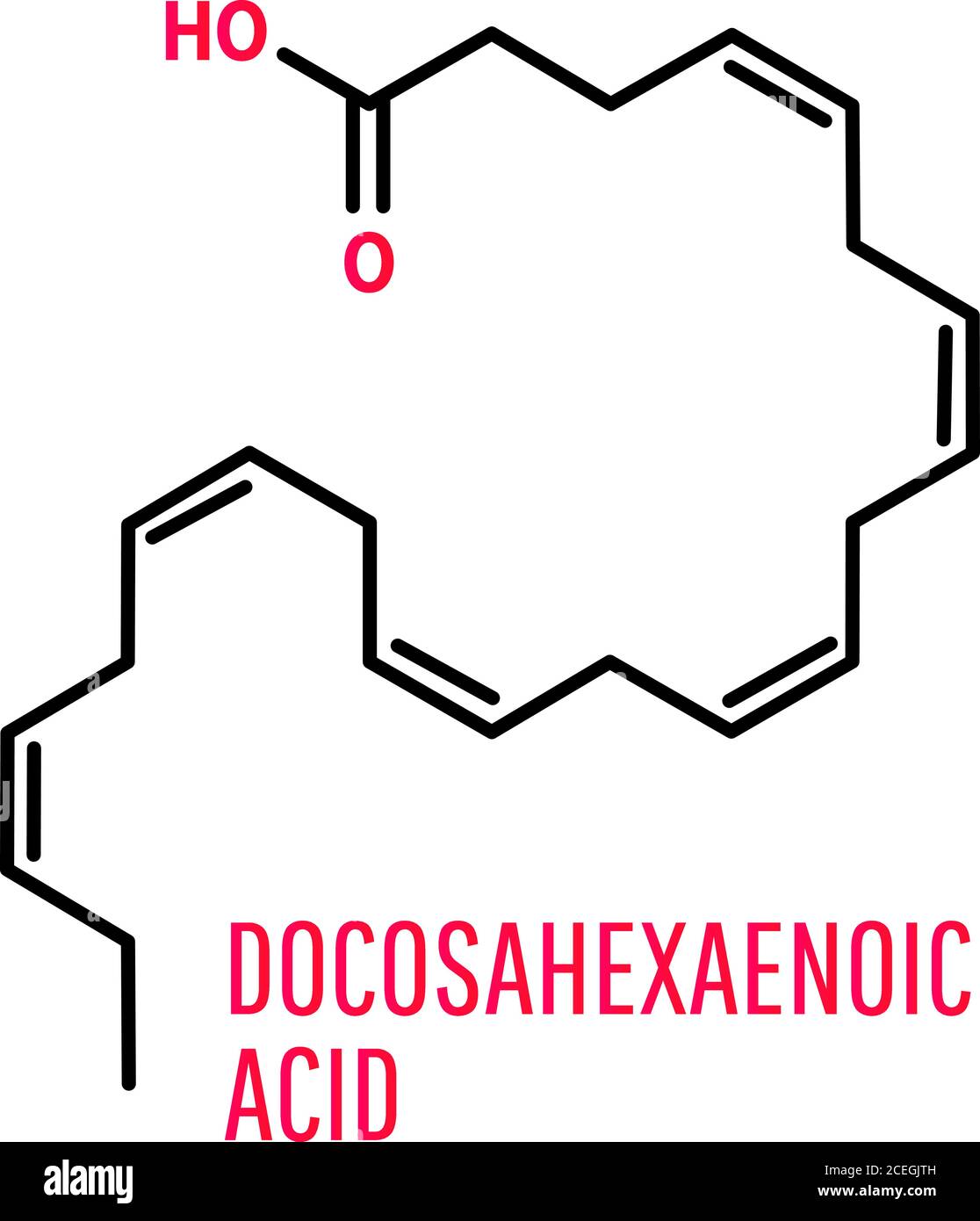 Acido docosaesaenoico formula chimica scheletrica, DHA, acido cerviconico, molecola. Illustrazione vettoriale su sfondo bianco Illustrazione Vettoriale