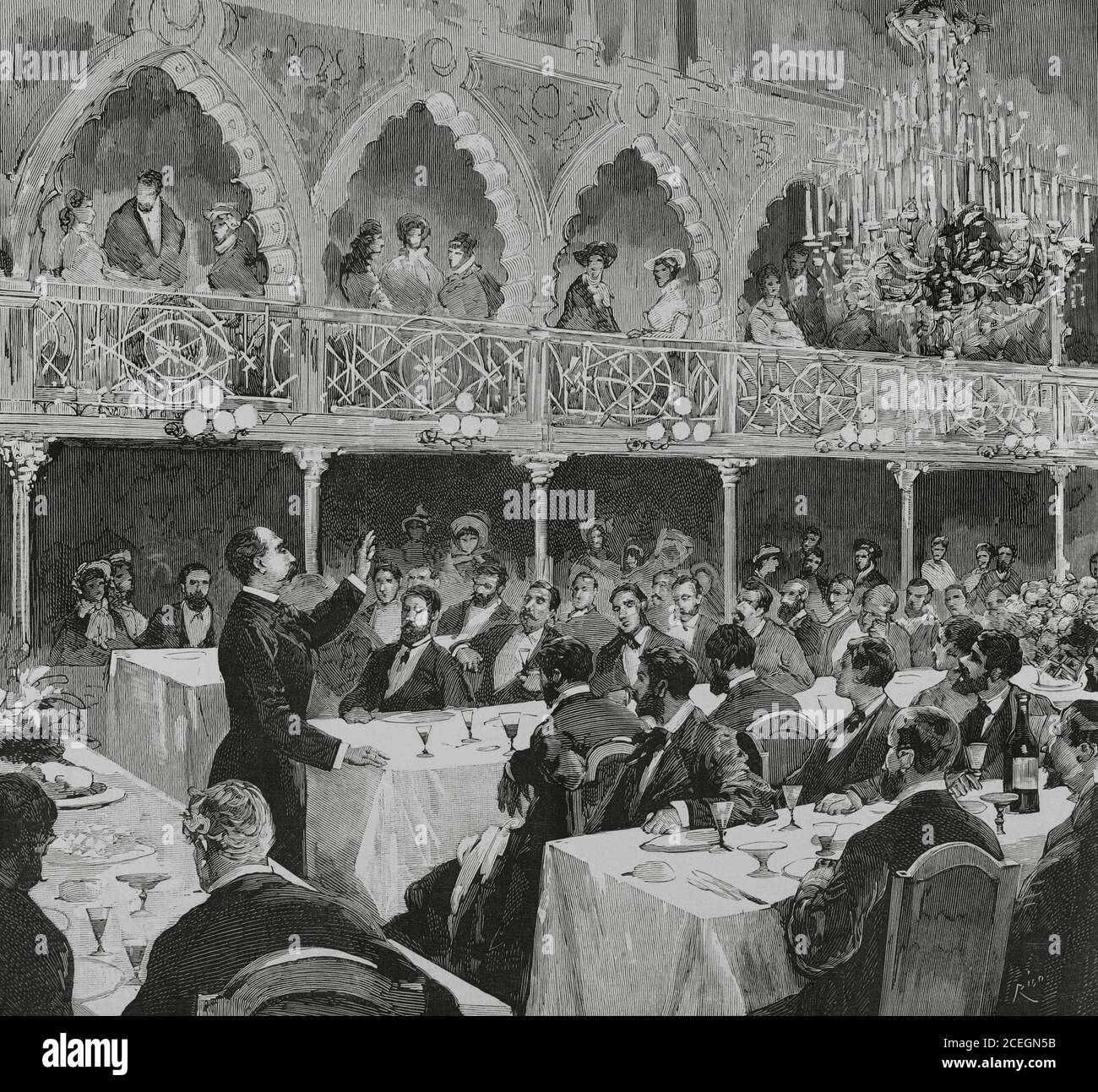 Segismundo Moret y Prendergast (1838-1913). Politico spagnolo. Spagna, Madrid. Banchetto del Partido Democrático-Monárquico nel Teatro di la Alhambra, 14 novembre 1881. Banchetto tenuto in dono al leader del partito, come segno di sostegno e per congratularmi con lui per la sua vittoria parlamentare. Moret rivolgendosi al pubblico. Incisione di Bernardo Rico (1825-1894). La Ilustracion Española y americana, 1881. Foto Stock