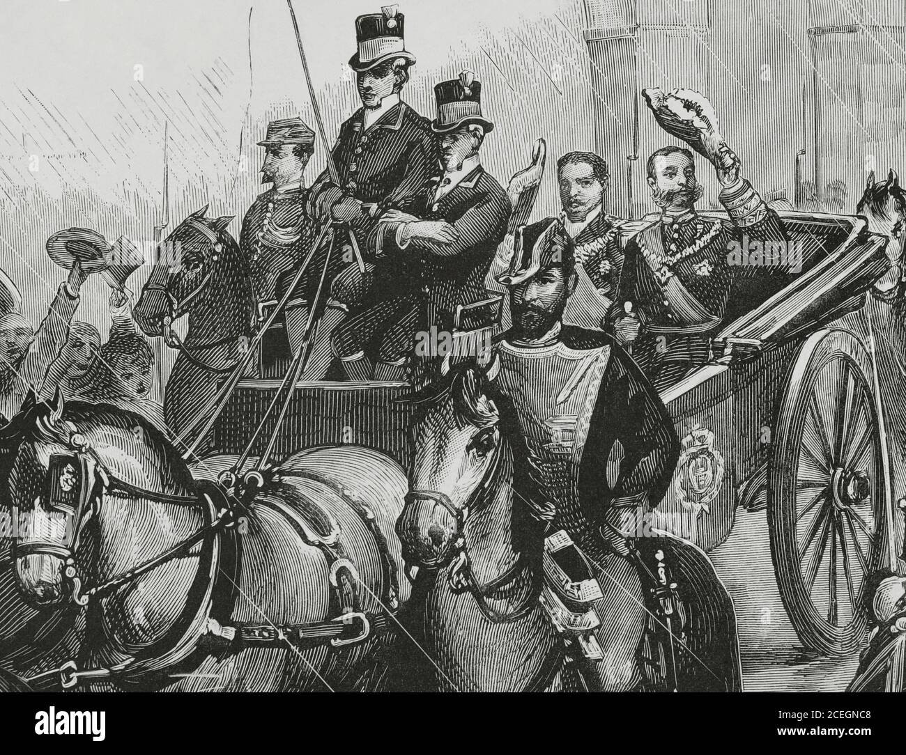 Spagna, Estremadura, Cáceres. Re Alfonso XII di Spagna (1857-1885) e Re Luis i di Portogallo (1838-1889) in occasione dell'inaugurazione della linea ferroviaria Madrid-Lisbona, 8 ottobre 1881. Ingresso nella città di entrambi i monarchi. Composizione e disegno di vita di Comba. Incisione di vela. Dettaglio. La Ilustracion Española y americana, 1881. Foto Stock