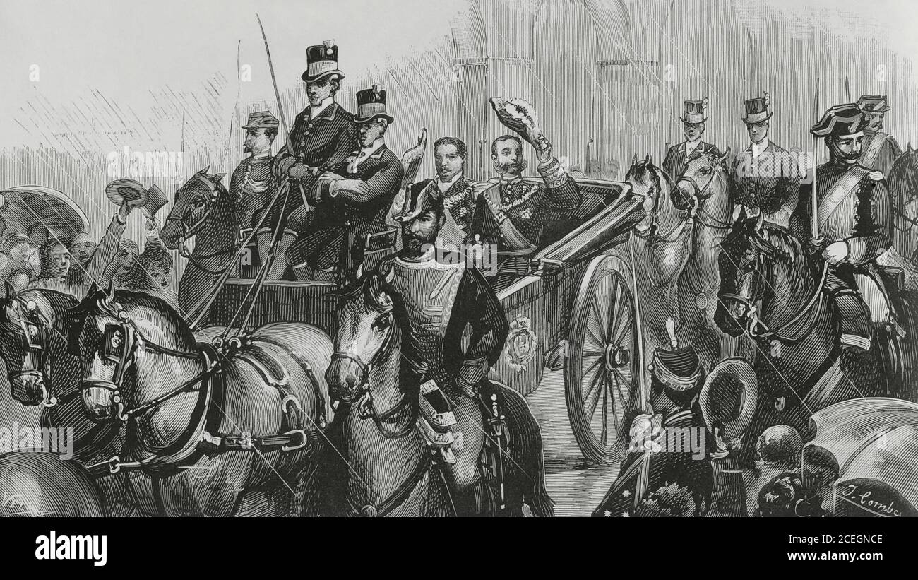 Spagna, Estremadura, Cáceres. Re Alfonso XII di Spagna (1857-1885) e Re Luis i di Portogallo (1838-1889) in occasione dell'inaugurazione della linea ferroviaria Madrid-Lisbona, 8 ottobre 1881. Ingresso nella città di entrambi i monarchi. Composizione e disegno di vita di Comba. Incisione di vela. La Ilustracion Española y americana, 1881. Foto Stock