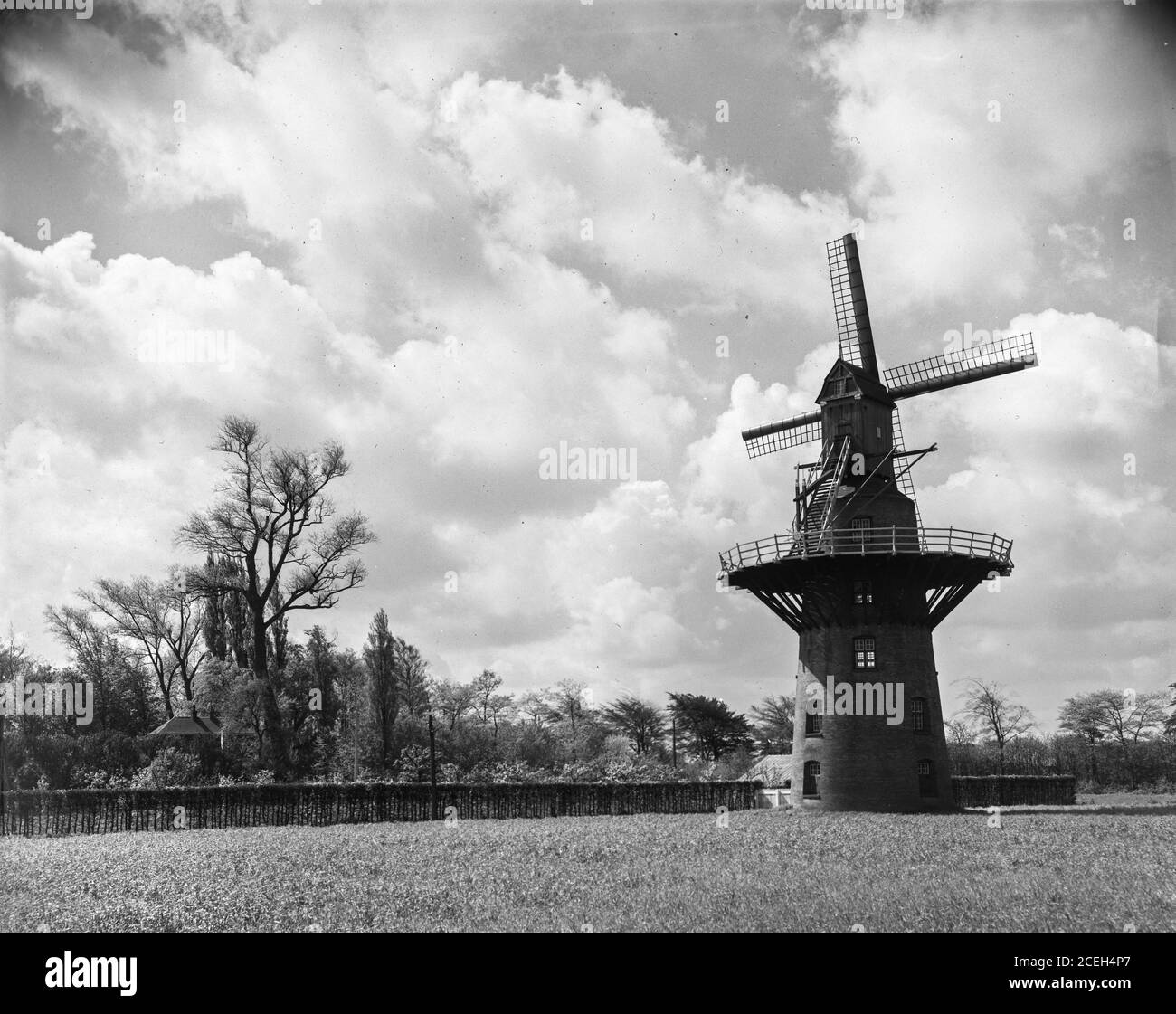 Vista in bianco e nero del mulino a vento in legno intemperie posto nel campo del Belgio alla luce del sole. Foto Stock