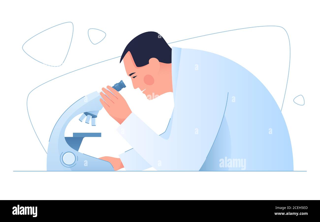 Uno scienziato medico in un laboratorio. Illustrazione vettoriale sul tema della medicina, della scienza, della ricerca, della microbiologia Illustrazione Vettoriale