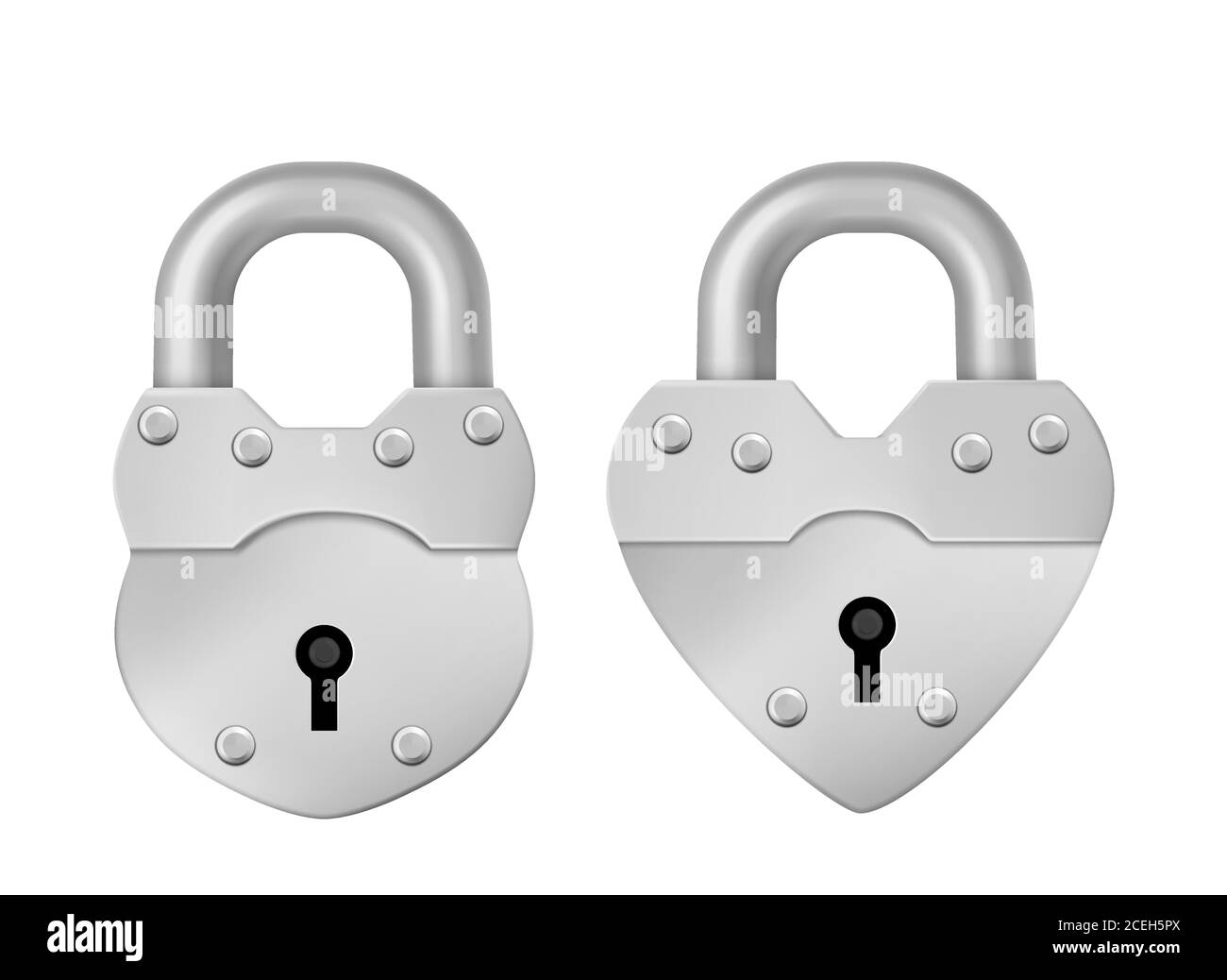Lucchetto chiuso in metallo isolato su sfondo bianco. Simbolo di sicurezza, privacy e sicurezza. Set realitico vettoriale di serrature in argento o acciaio a forma di cuore con toppa e gancio chiuso Illustrazione Vettoriale