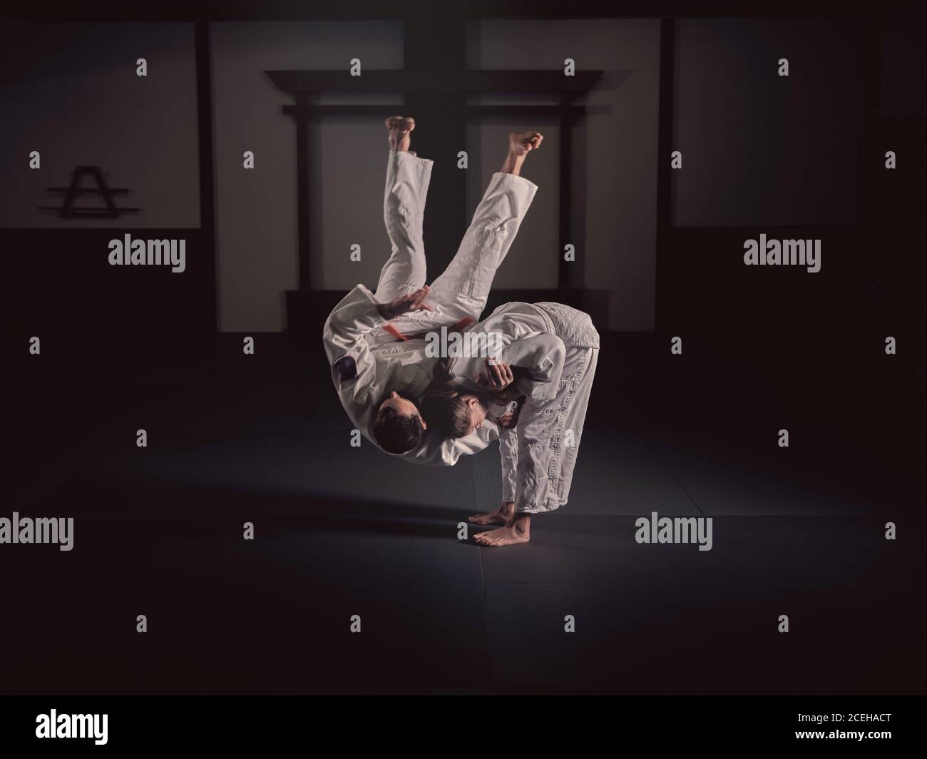 Vista laterale di femmina in bianco uniforme gettando maschio su pavimento mentre si esercita in palestra scura Foto Stock
