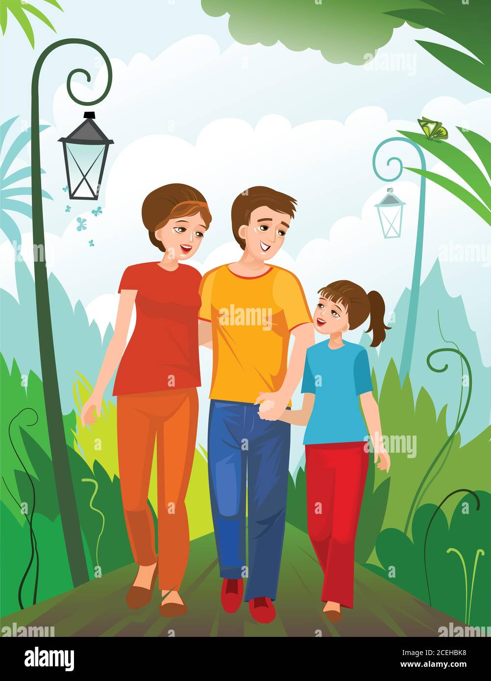 Famiglia a piedi il parco. Papà, mamma e bambino camminano lungo il sentiero. Buon umore, felice. Estate. Stile piatto cartoon. Illustrazione vettoriale di una simpatica allegria Illustrazione Vettoriale