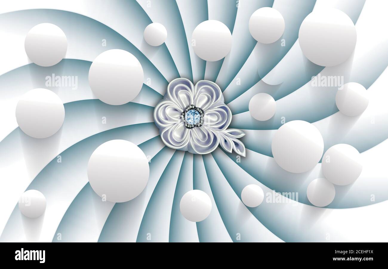 sfondo murale 3d con fiore . sfondo digitale frattale con cerchi bianchi . Foto Stock