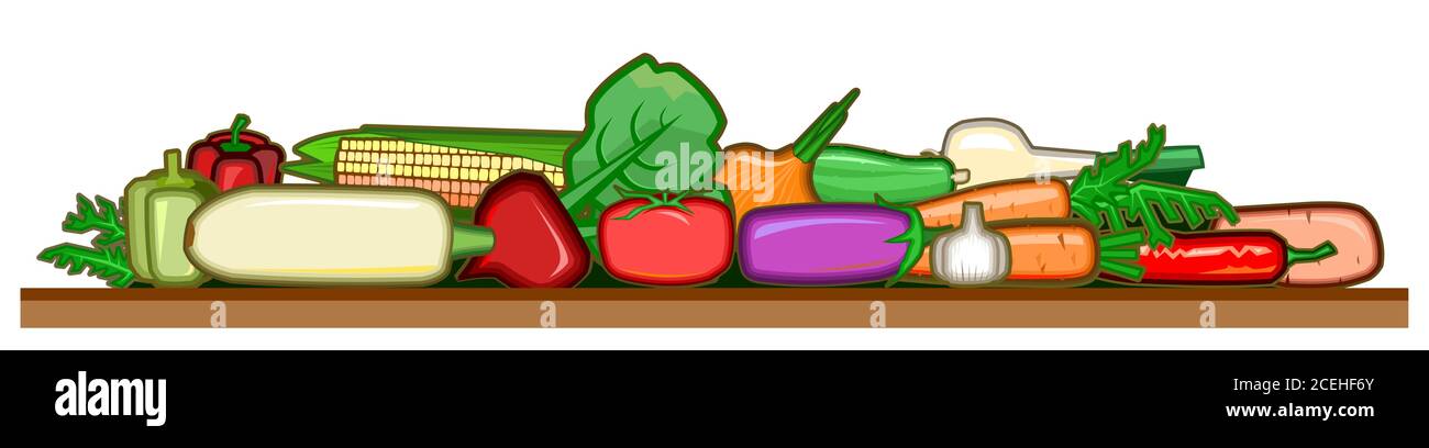 Verdure in stile cartone animato. Illustrazione vettoriale isolata su sfondo bianco. Frutti da giardino: Peperoni caldi e campanili, zucchine, mais, barbabietole, cipolle, Illustrazione Vettoriale