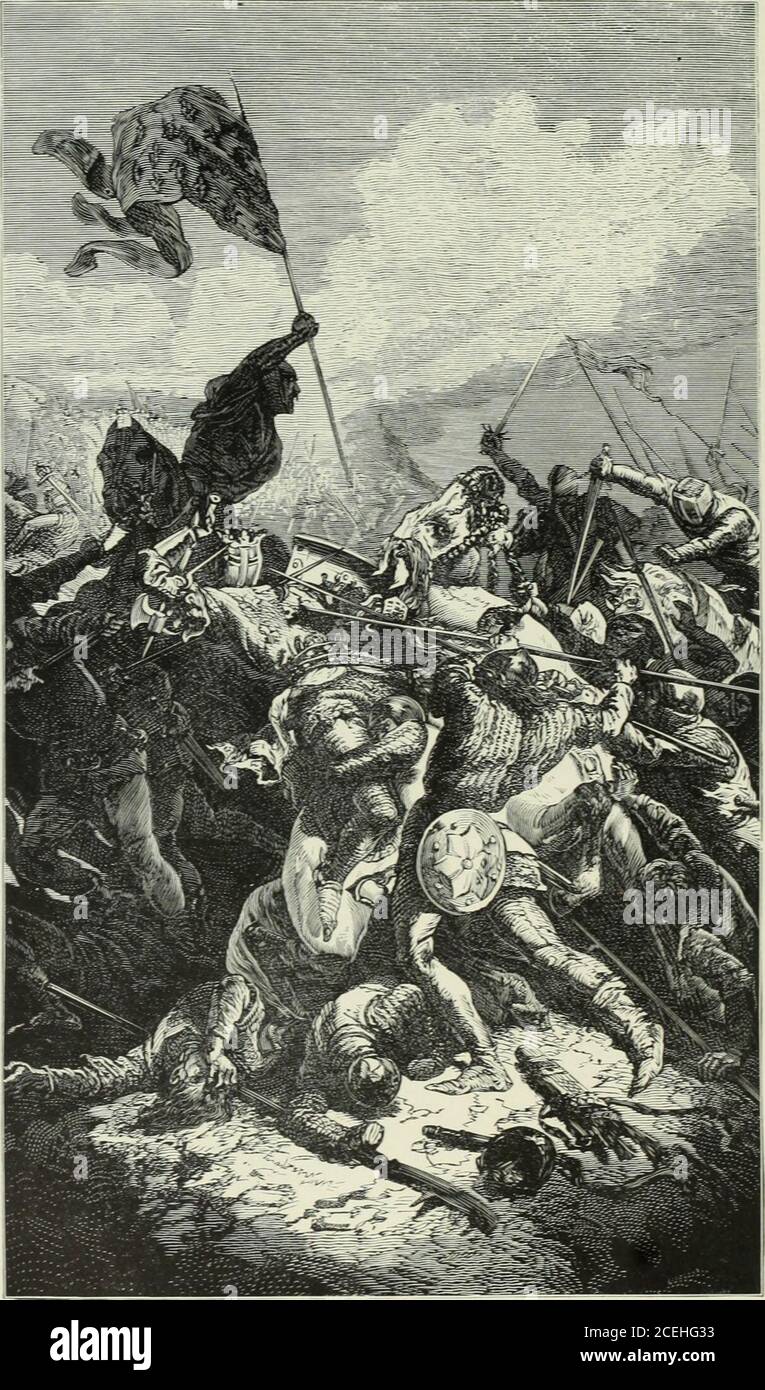 . Le grandi battaglie di tutte le nazioni, dalla Maratona a Santiago, 490 a.C.--d.C. 1898. LA BATTAGLIA DI CRESSY l!ttlts. Volume uno, Capitolo dodici LA SCONFITTA DI ANNIBALE 129 e Hasdrubal non ha scelto di iniziare il suo ritiro in theirsight, il giorno è passato via in inazione. Alla prima veglia del tramonto, Hasdrubal guidò i suoi uomini silenziosamente fuori dal loro campo e si dirigeva verso nord verso il Metauro, nella speranza di mettere quel fiume tra se stesso e i Romani prima che venisse scoperto il suo ritiro. Le sue guide lo tradirono; e dopo averlo guidato intenzionalmente dalla parte del fiume che era forabile, si arrabbiarono Foto Stock