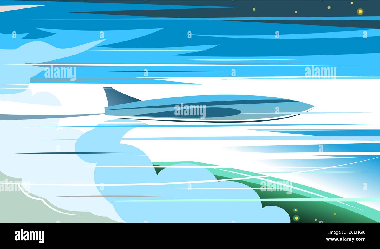 l'aereo decolli sopra le nuvole. Sfondo dell'illustrazione vettoriale. Il piano sale nella stratosfera. Lo spazio è visibile. La navetta va in lo Illustrazione Vettoriale