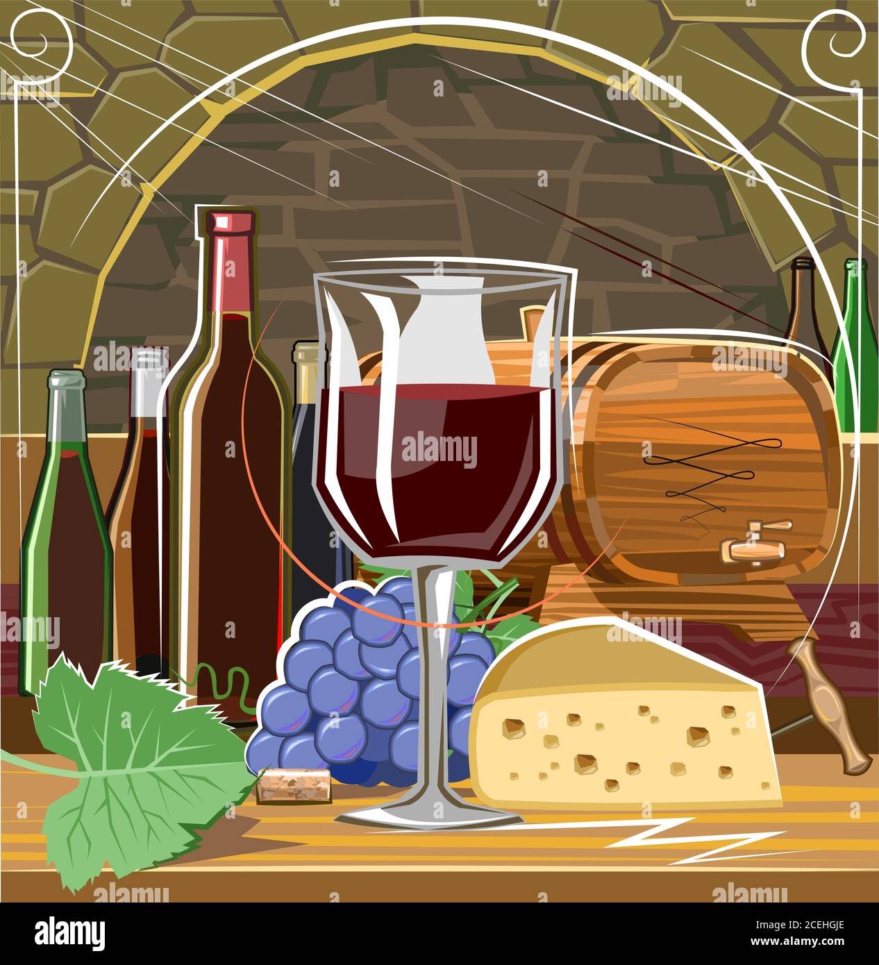 Wine Vault. Illustrazione vettoriale. Botti, bottiglie, formaggio, uva, pareti in pietra. Degustazione di prodotti. Un bicchiere di vino rosso. Illustrazione Vettoriale