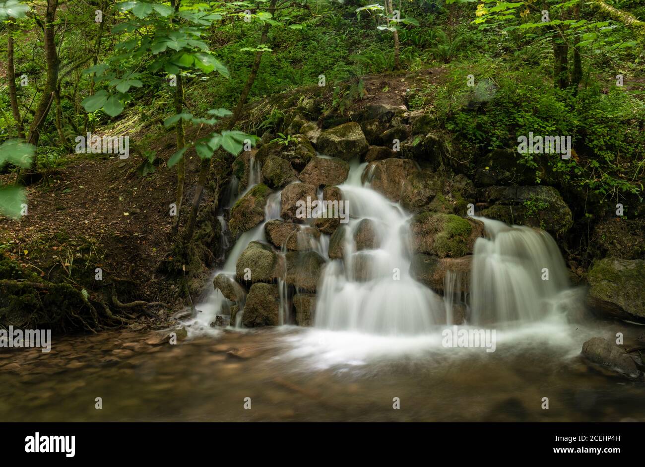 Cascata presso la Old Fussell Iron Works, Mells, Somerset, Inghilterra, Regno Unito Foto Stock