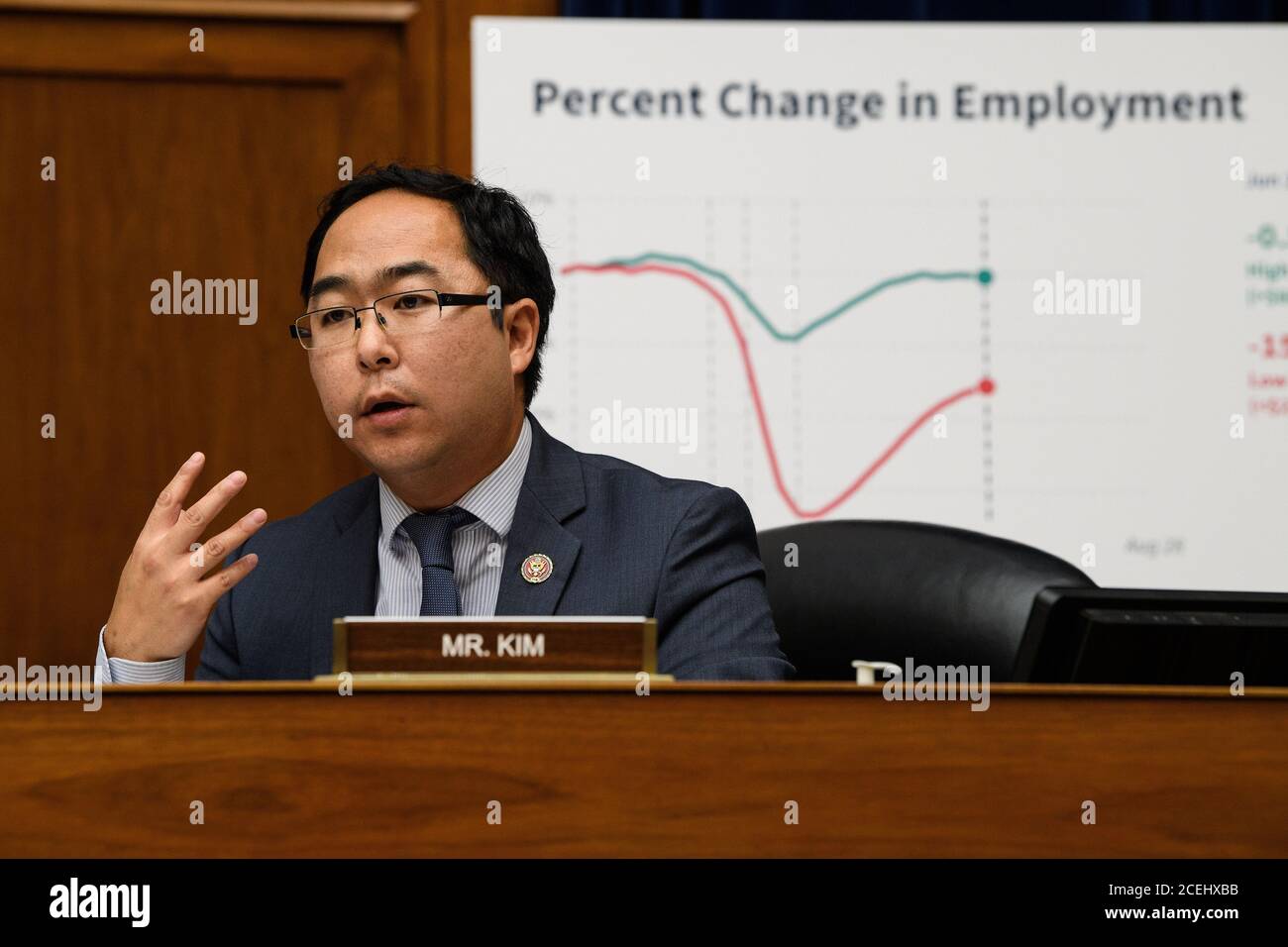 Washington, Stati Uniti. 01 settembre 2020. Andy Kim ha interrogato il Segretario del Tesoro Steven Mnuchin mentre egli testimonia davanti alla Camera Select Subcomitato sulla crisi di Coronavirus su Capitol Hill a Washington, DC il 1 settembre 2020. Foto in piscina di Nicholas Kamm/UPI Credit: UPI/Alamy Live News Foto Stock