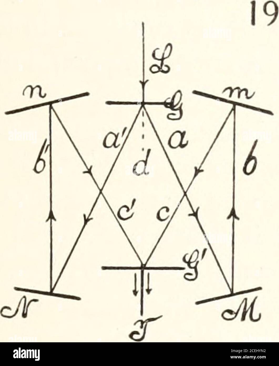. Carnegie Institution of Washington publication, con un unico reticolo cinematografico. SPETTRI INVERTITI E NON INVERTITI. 33 a questi estremi le due macchie di luce sul reticolo G possono essere state separate di diversi millimetri. La natura della trasformazionedalle frecce alle striature oblique sarebbe ben riprodotta se dei cunei equidistantverticali fossero spostati da destra a sinistra, o viceversa, dietro la fenditura avertica. La distanza tra G e G era di circa 10.2 cm., e tra i punti di luce sullo specchio M e i reticoli G e G, rispettivamente, 22.2 e 12.6 cm. Ciò corrisponde a 01 = 20.5° A. Foto Stock