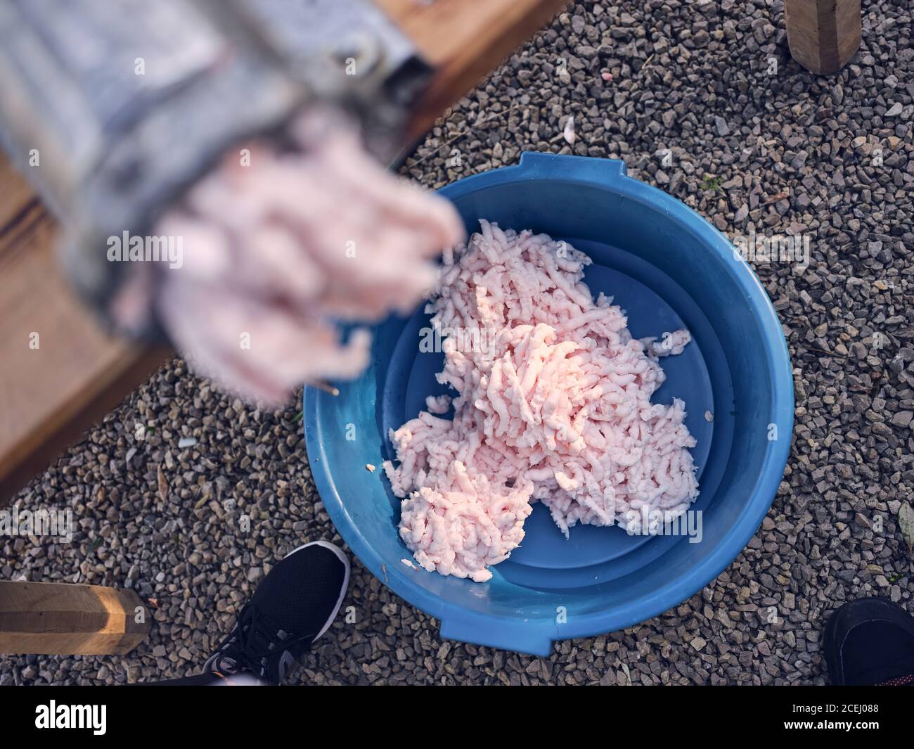 Cumulo di grasso animale fresco macinato giacente in vasca di plastica in piedi sulla ghiaia Foto Stock