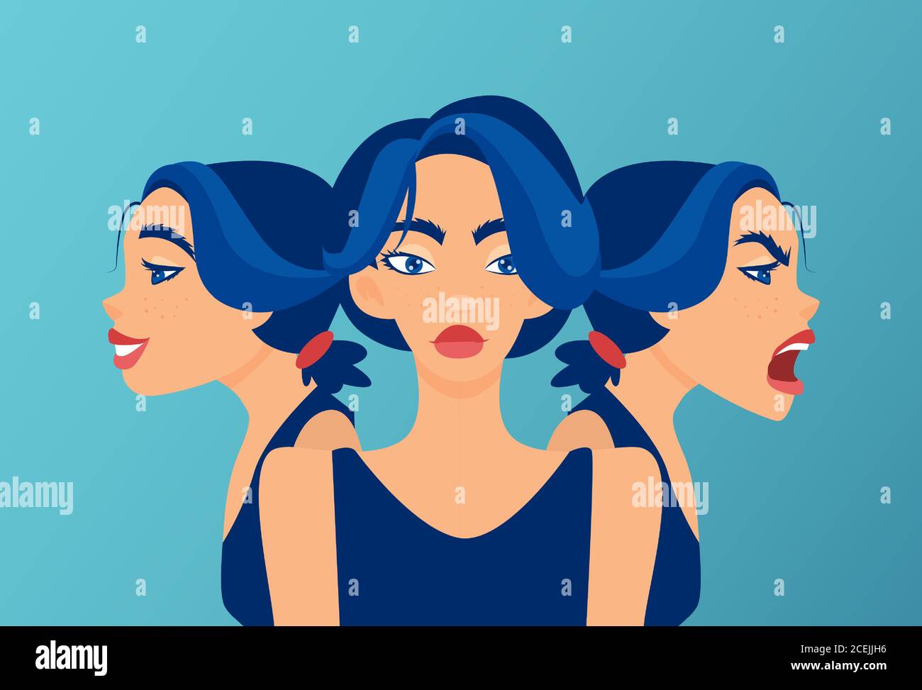 Vettore di una giovane donna con sbalzi d'umore, disturbo bipolare che esprime rabbia e felicità Illustrazione Vettoriale
