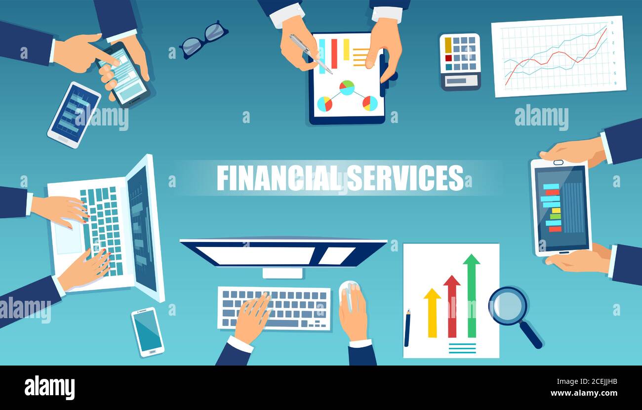 Vettore di visualizzazione dall'alto di persone che lavorano alla scrivania analisi della crescita finanziaria Illustrazione Vettoriale