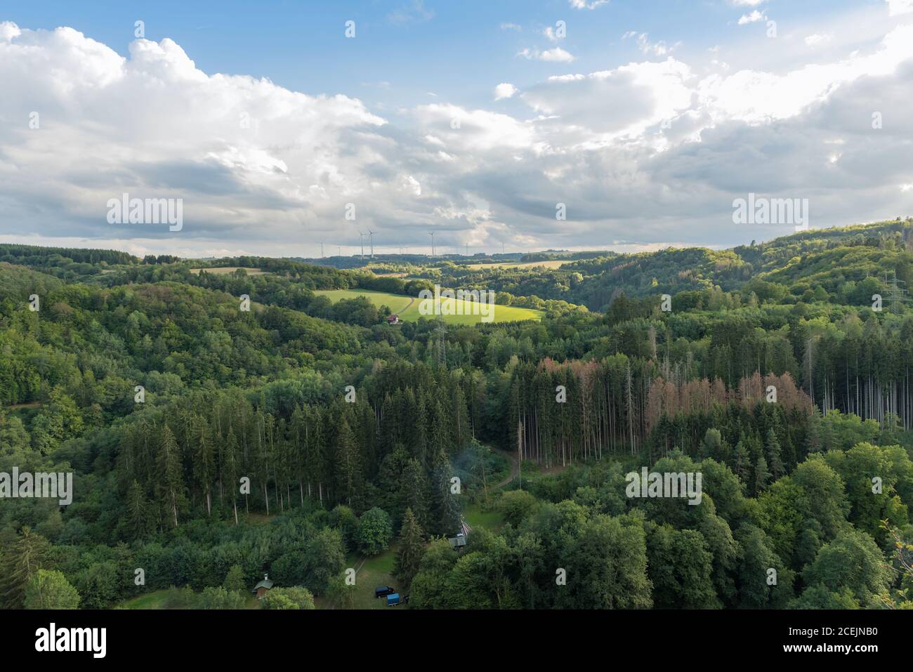 Paesaggio rurale nel Hunsruck con generatori di vento, Renania Palatinato, Germania Foto Stock
