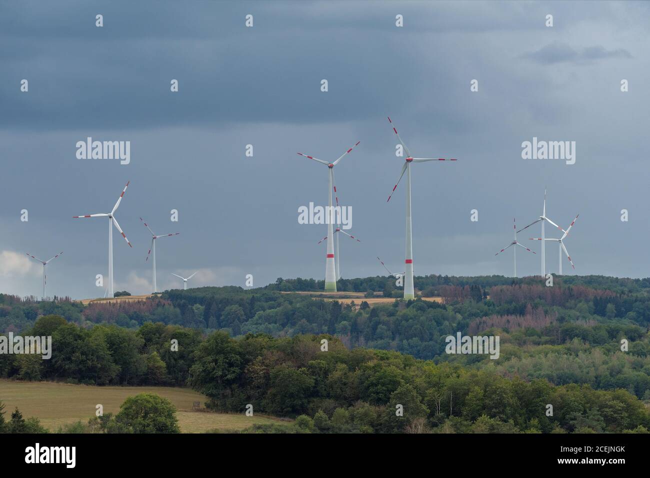Paesaggio rurale nel Hunsruck con generatori di vento, Renania Palatinato, Germania Foto Stock