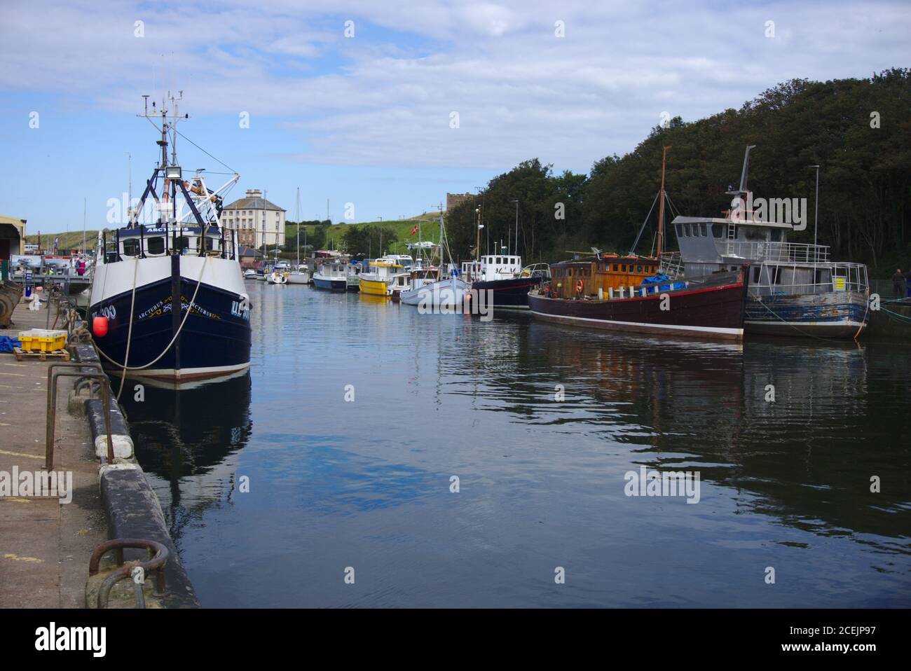 Barche di vario tipo e dimensioni ormeggiate nel porto di Eyemouth, Berwickshire, Scottish Borders, UK, con Gunsgreen House sullo sfondo. Foto Stock