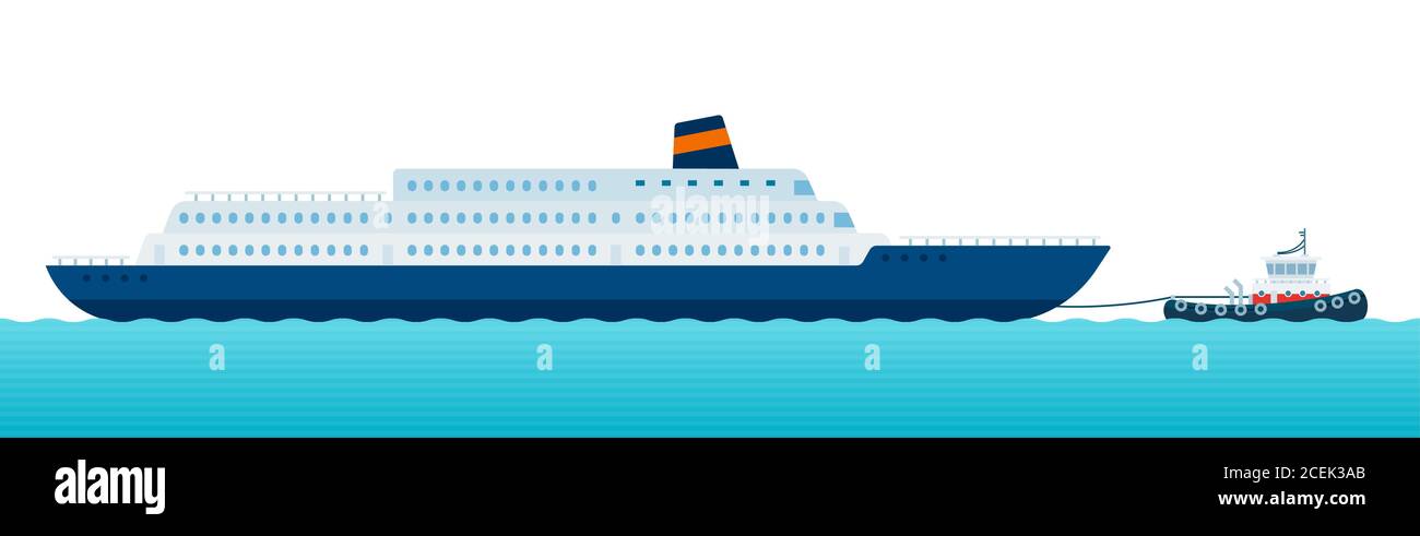 Immagine di un'imbarcazione trainante che sposta un'imbarcazione marina lungo le onde marine illustrazione vettoriale in un design piatto. Illustrazione Vettoriale