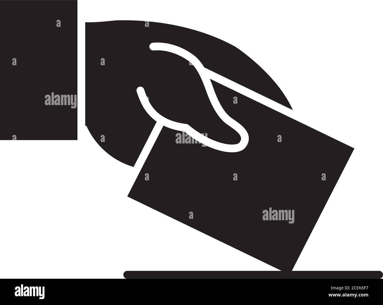 mano con l'icona della scheda di polling su sfondo bianco, stile silhouette, illustrazione vettoriale Illustrazione Vettoriale