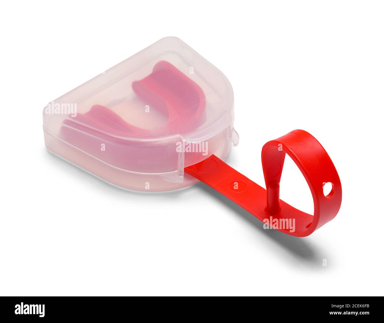 Protezione bocca sportiva rossa in custodia isolata su bianco. Foto Stock