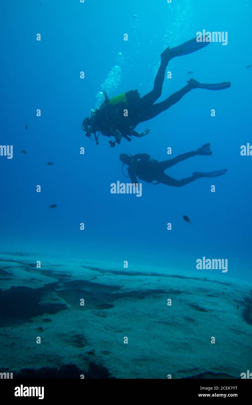 subacquei in immersione vicino alla barriera corallina, fuerteventura Foto Stock