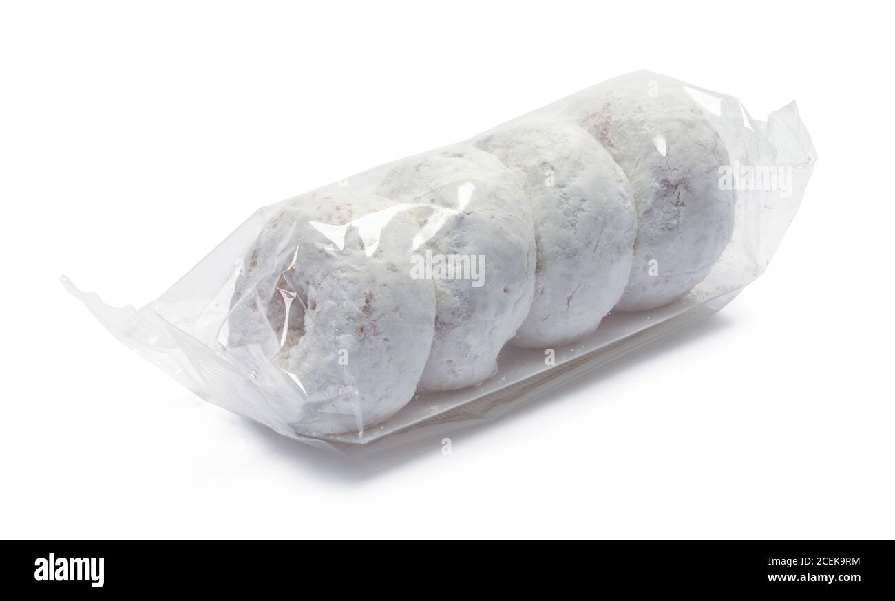 Piccolo pacchetto di ciambelle alimentate isolato su bianco. Foto Stock